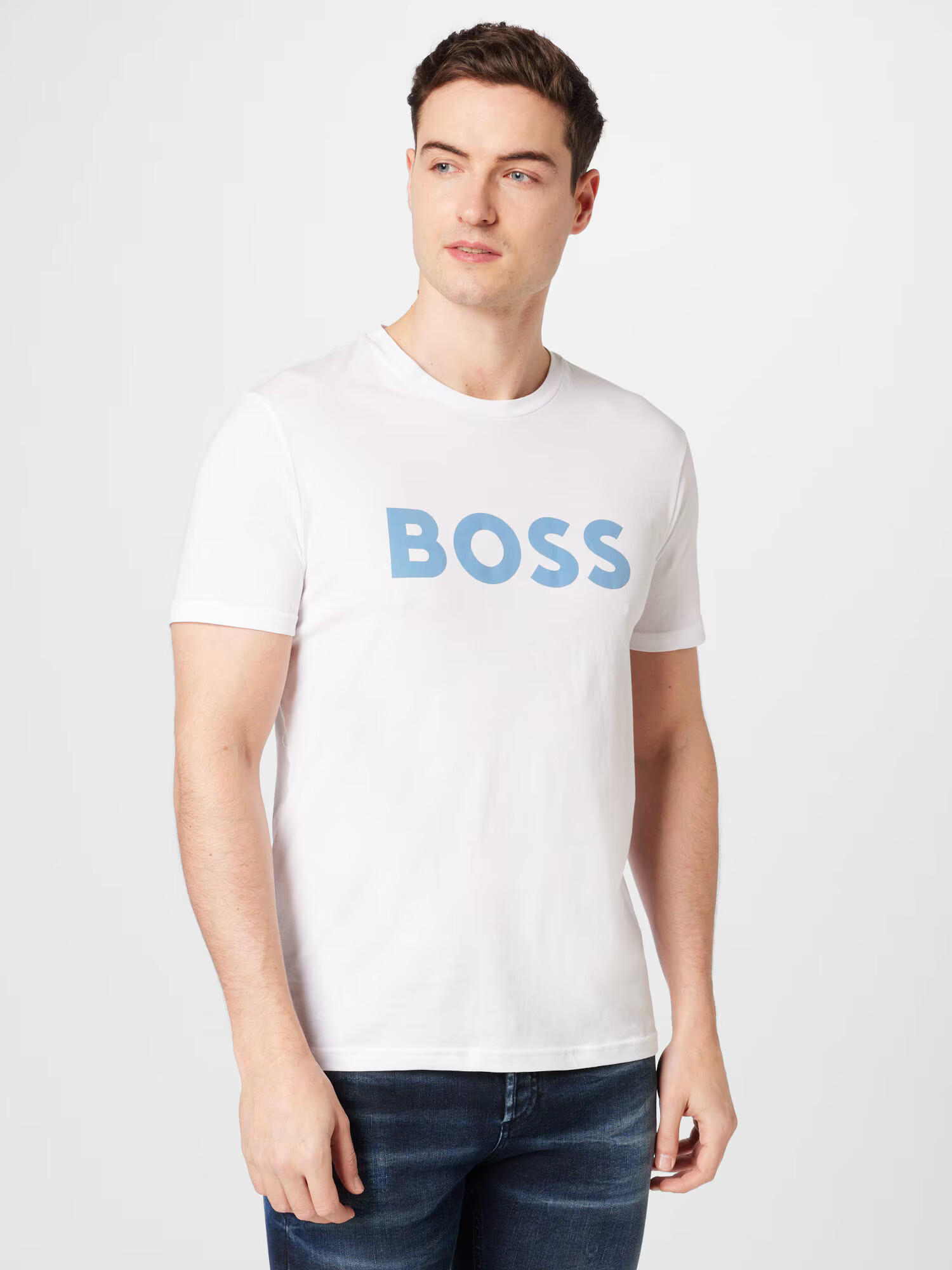 BOSS Orange Tricou 'Thinking' albastru deschis / alb - Pled.ro