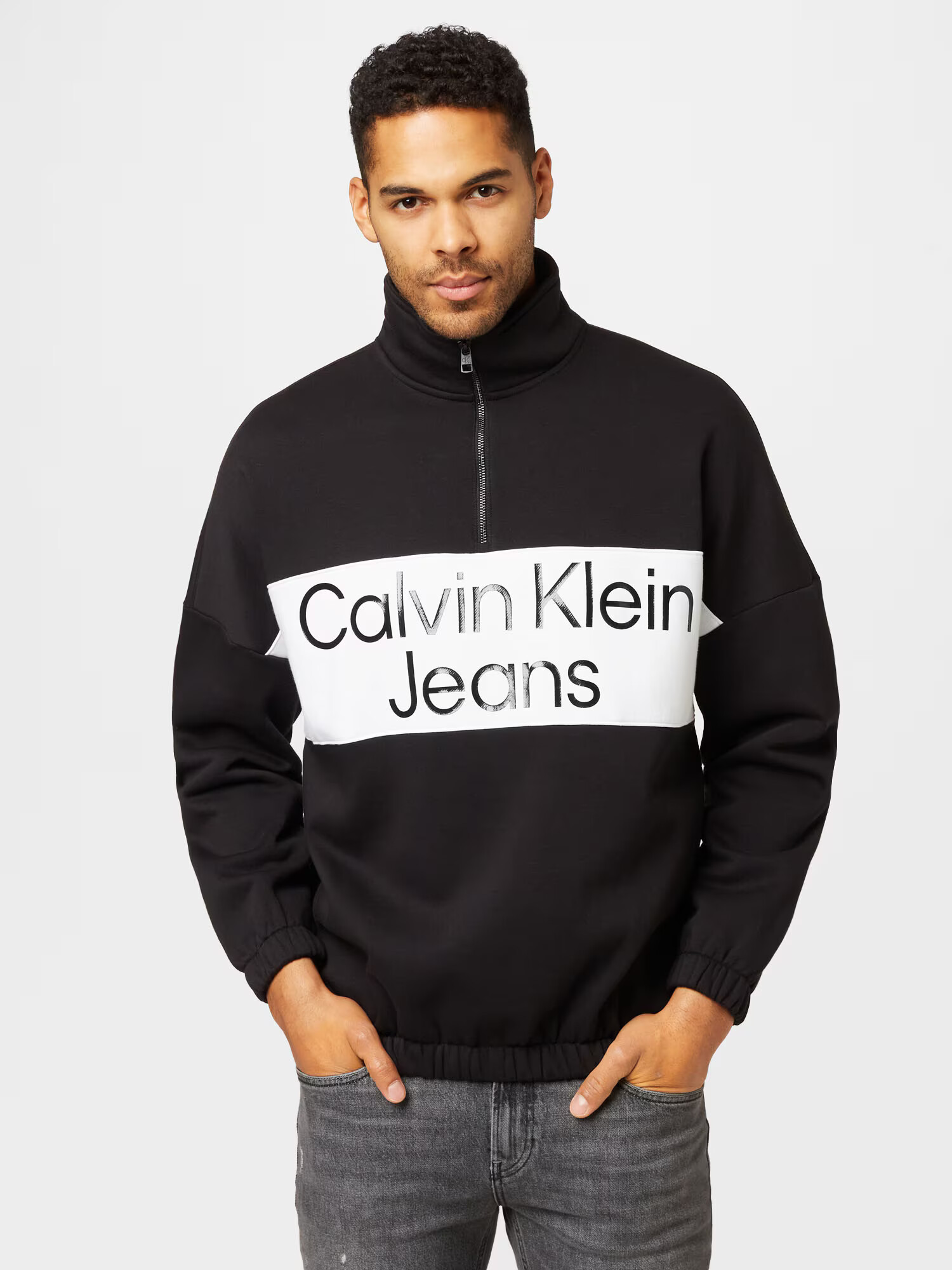 Calvin Klein Jeans Bluză de molton negru / alb - Pled.ro