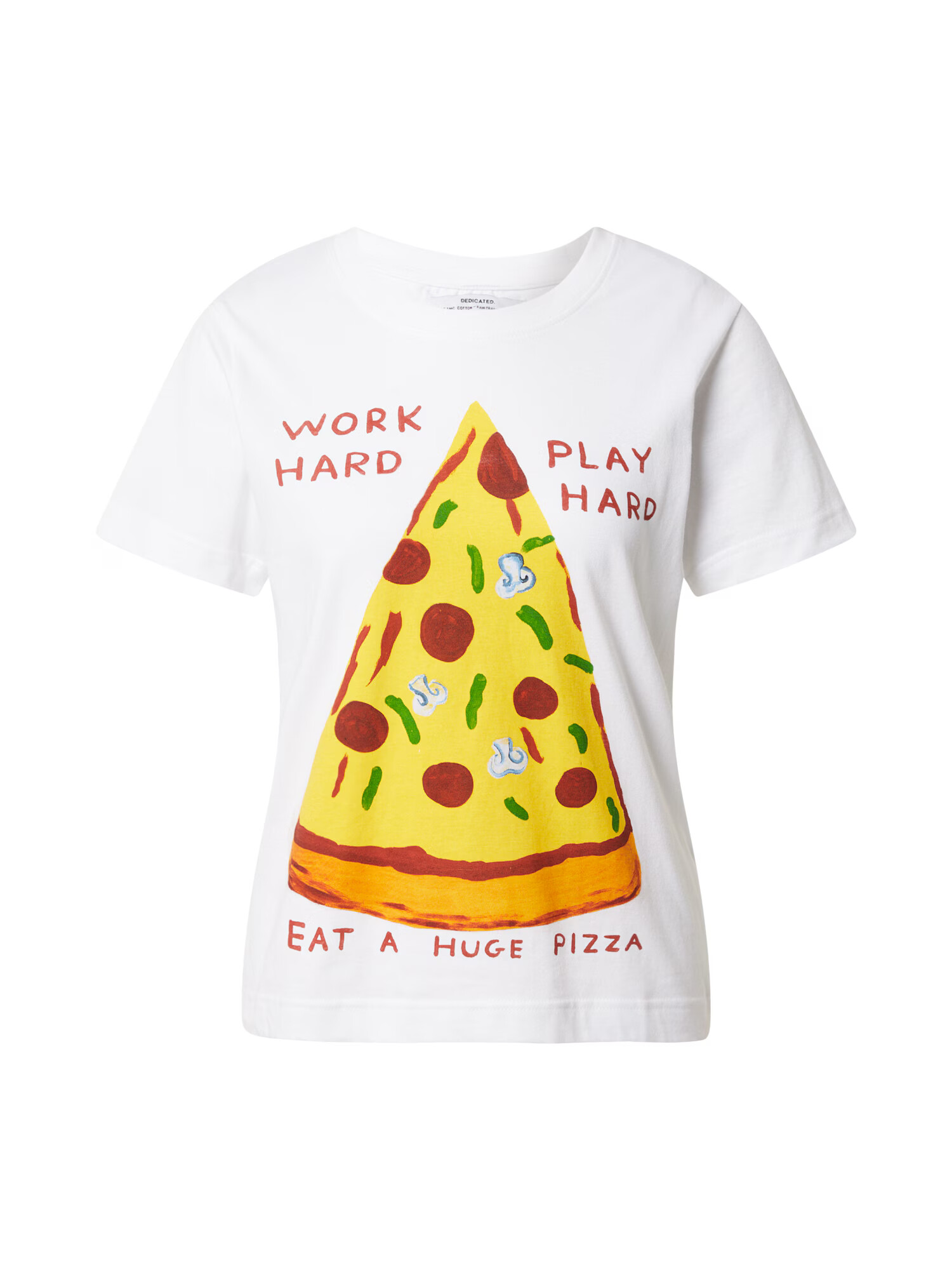 DEDICATED. Tricou 'Mysen Work Hard Pizza' galben / verde / portocaliu deschis / roşu închis / alb - Pled.ro