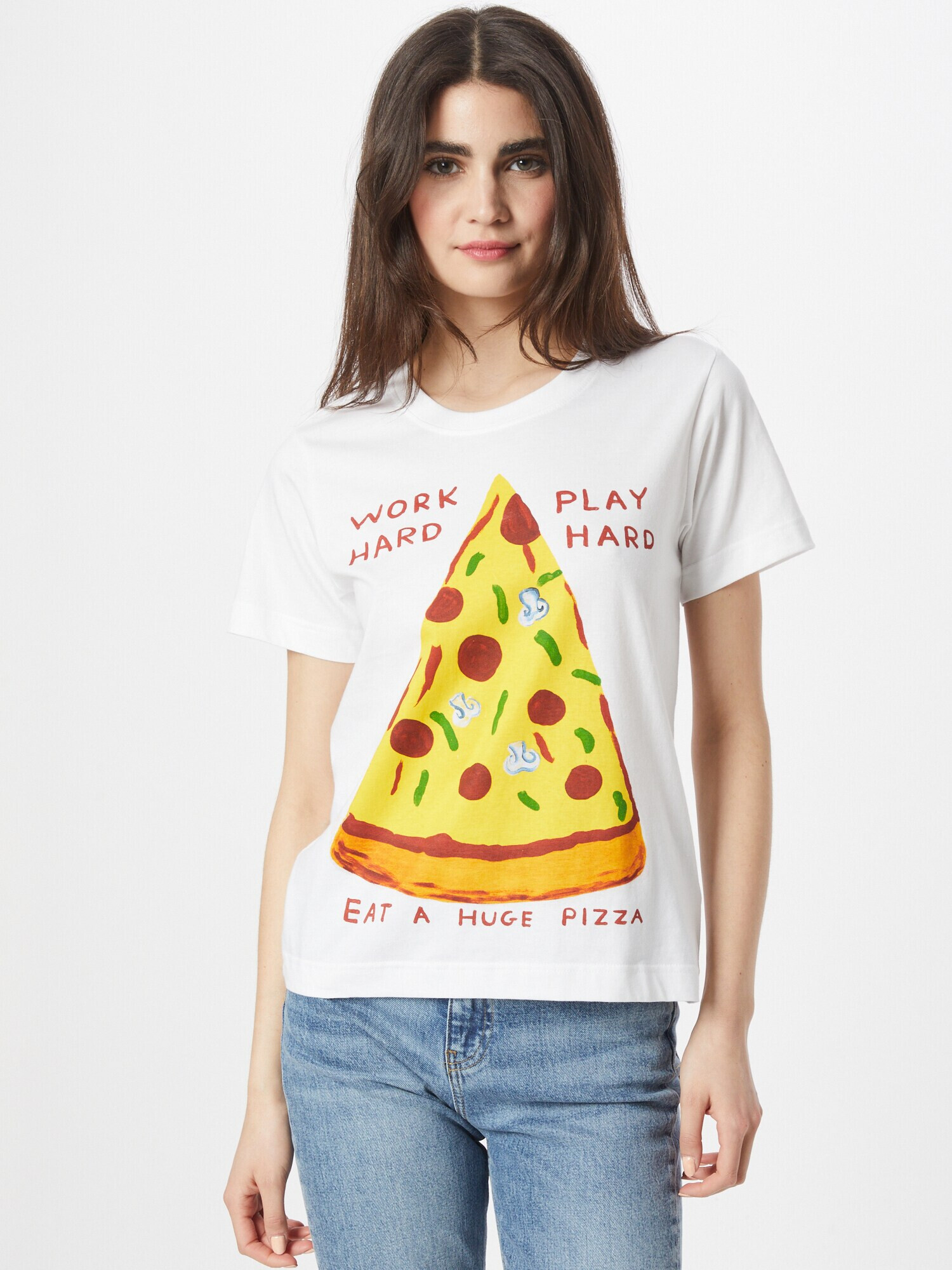 DEDICATED. Tricou 'Mysen Work Hard Pizza' galben / verde / portocaliu deschis / roşu închis / alb - Pled.ro