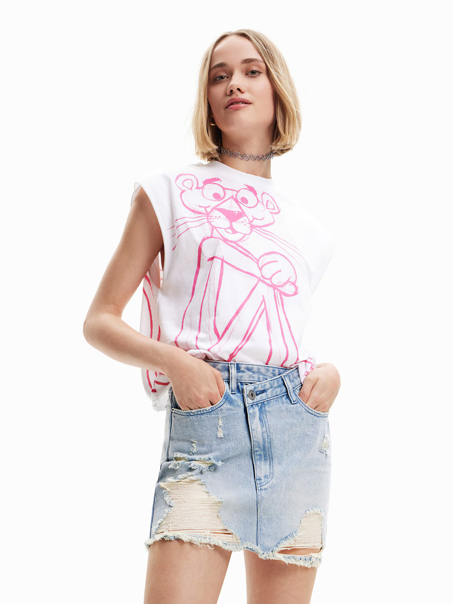 Desigual Tricou 'Pink Panther' roz / alb - Pled.ro