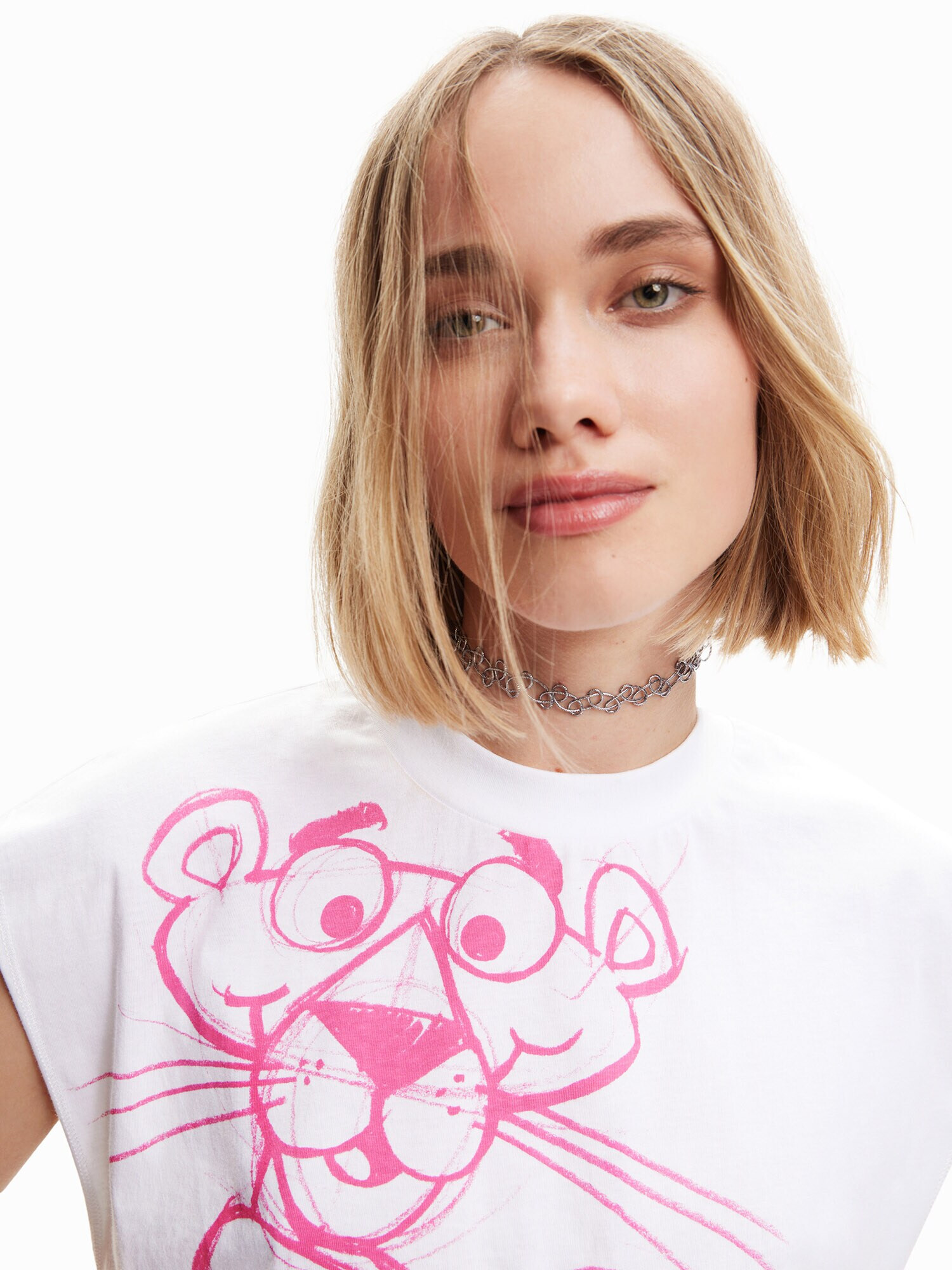 Desigual Tricou 'Pink Panther' roz / alb - Pled.ro