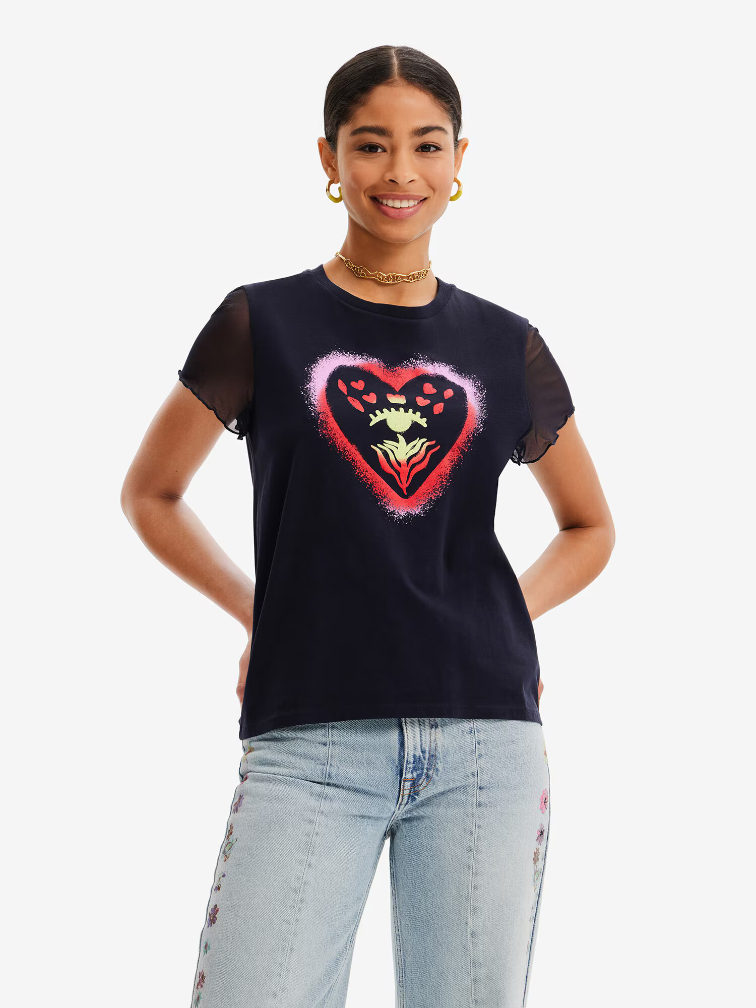 Desigual Tricou 'Arty heart' albastru marin / galben / roz - Pled.ro