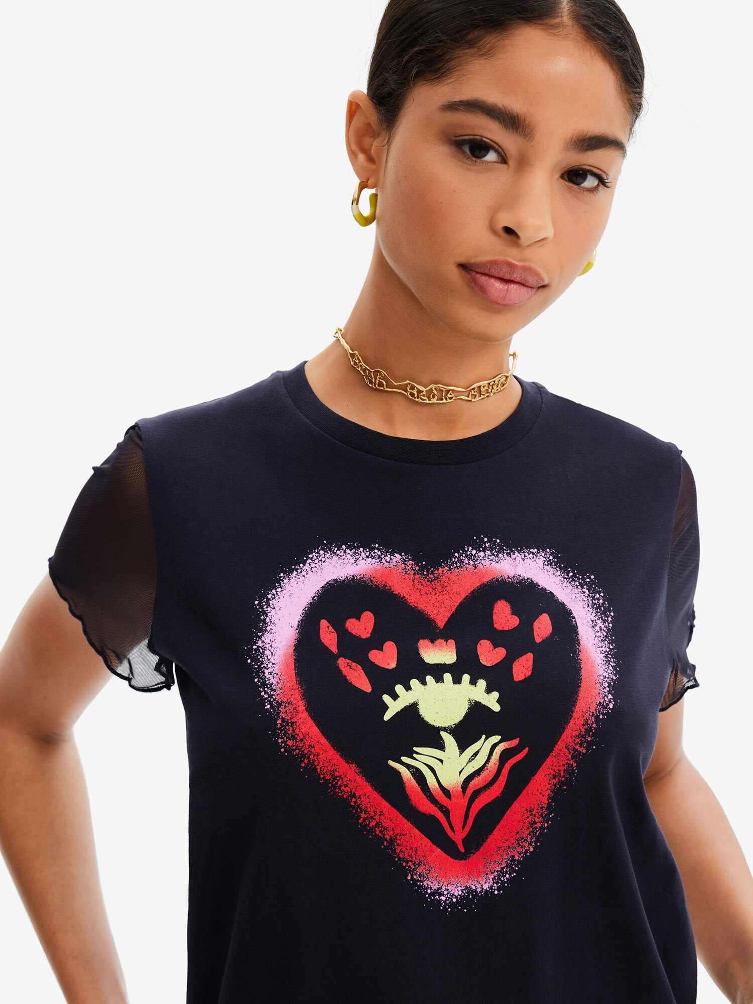 Desigual Tricou 'Arty heart' albastru marin / galben / roz - Pled.ro