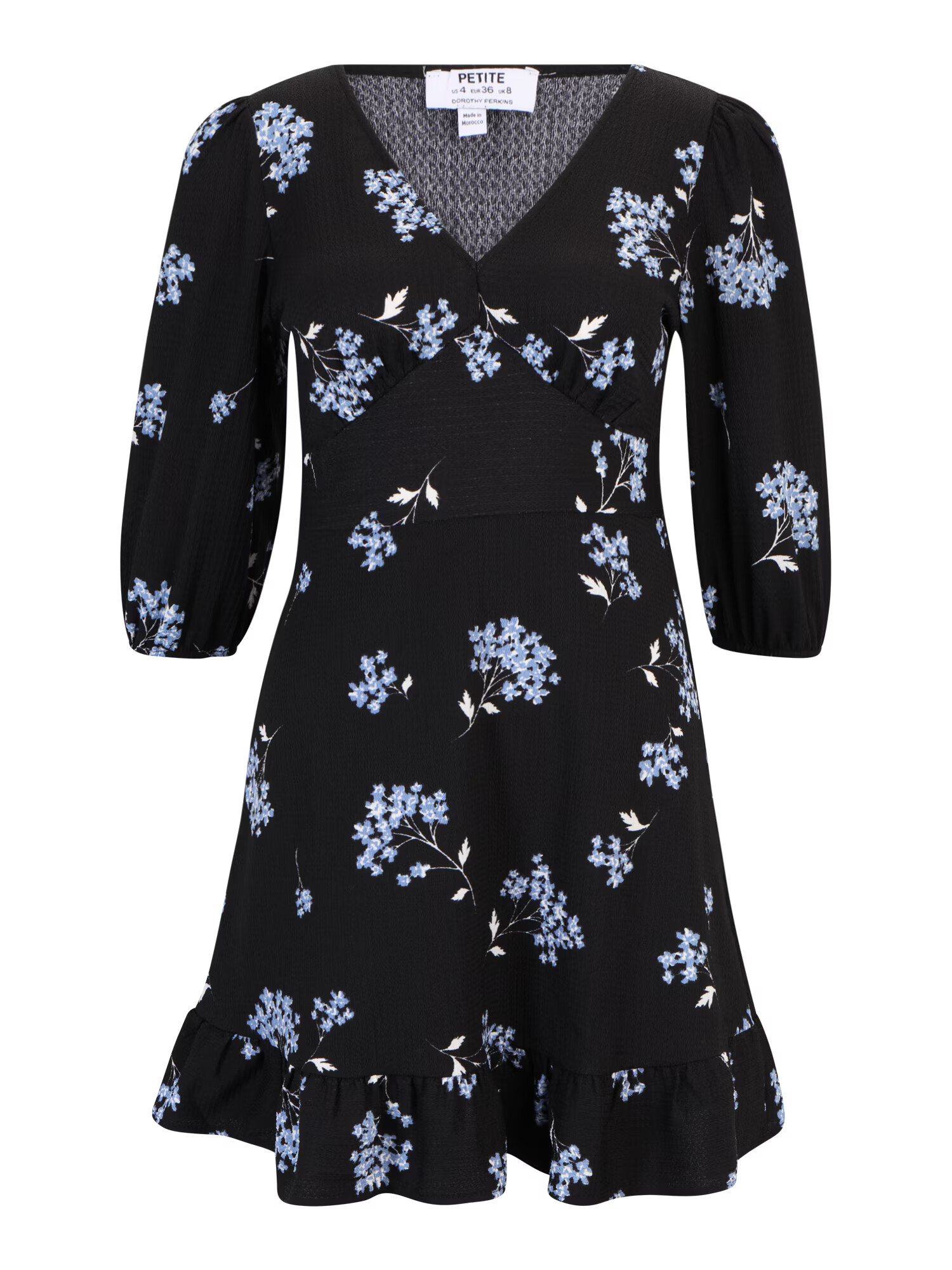 Dorothy Perkins Petite Rochie '(Ay) Petite Blue Floral V Neck Mini Dres' albastru deschis / negru / alb - Pled.ro