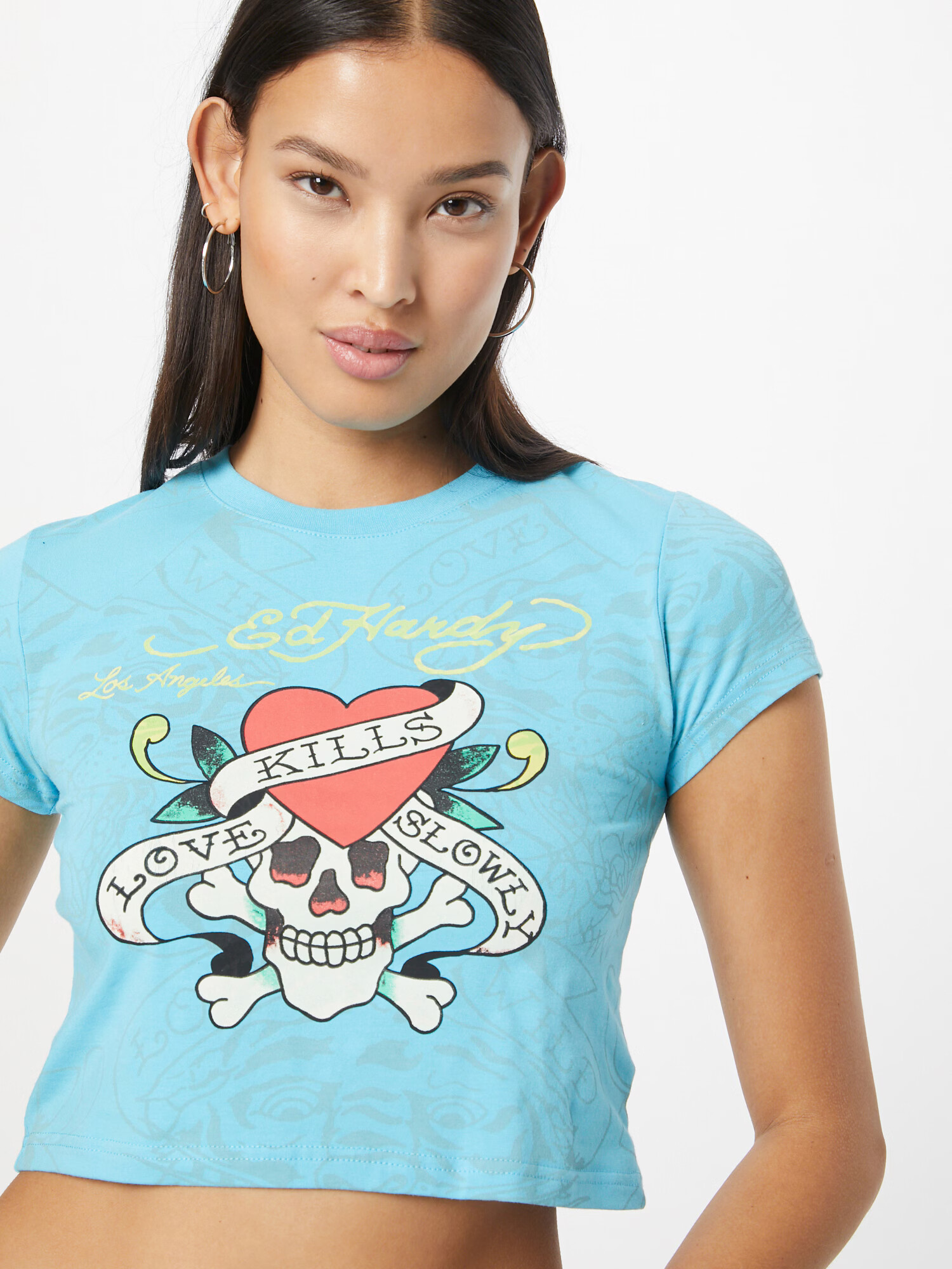 Ed Hardy Tricou albastru aqua / grej / roșu pepene / alb - Pled.ro