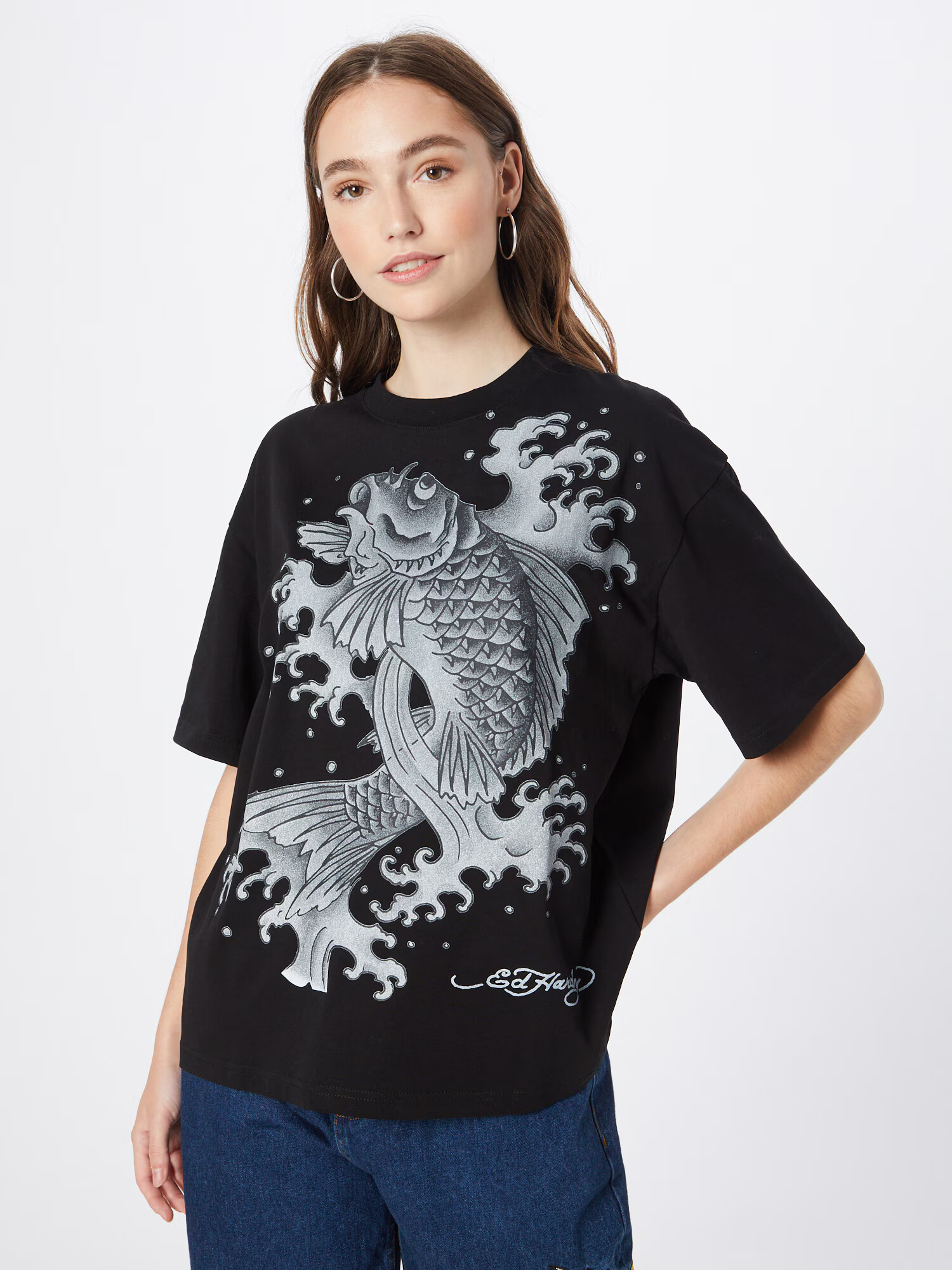 Ed Hardy Tricou 'Jumping Koi' gri / gri deschis / negru - Pled.ro