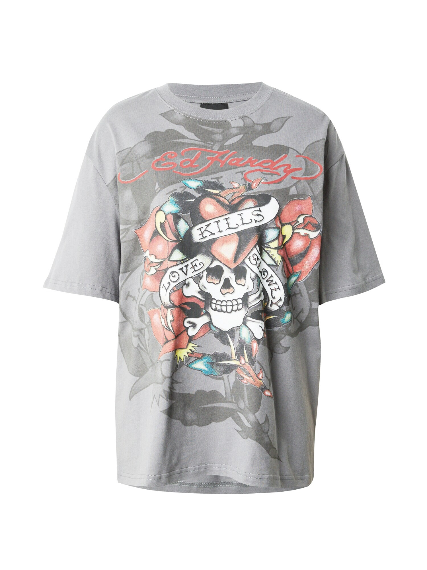 Ed Hardy Tricou 'KILLS SLOWLY' gri / roșu / negru / alb - Pled.ro