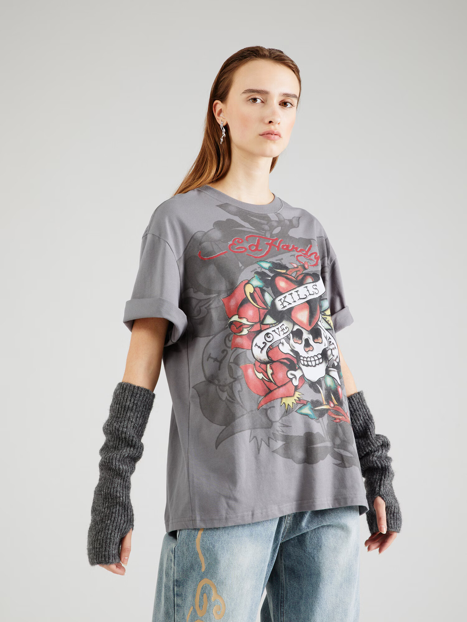 Ed Hardy Tricou 'KILLS SLOWLY' gri / roșu / negru / alb - Pled.ro