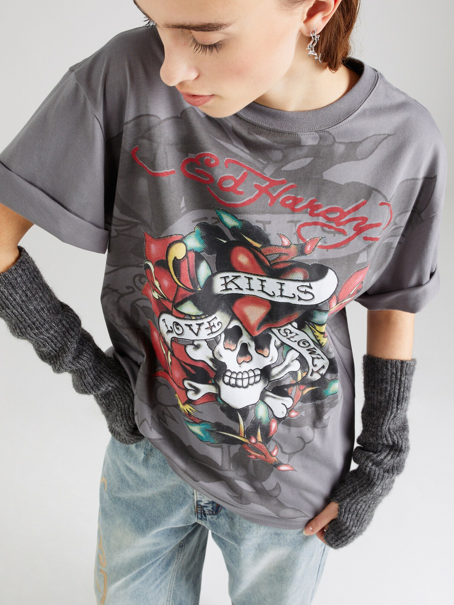 Ed Hardy Tricou 'KILLS SLOWLY' gri / roșu / negru / alb - Pled.ro