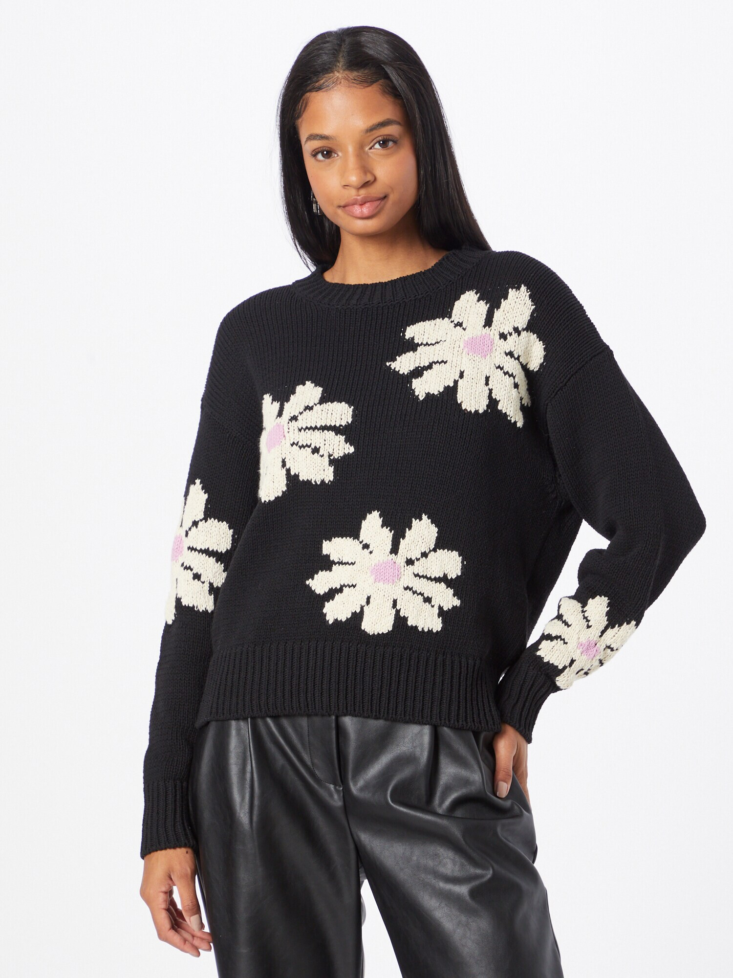 Essentiel Antwerp Pulover 'Dahlias' roz / negru / alb - Pled.ro