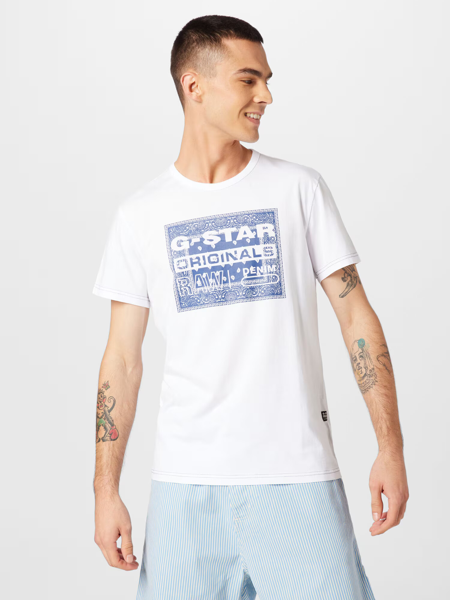 G-Star RAW Tricou 'Bandana' albastru marin / alb - Pled.ro