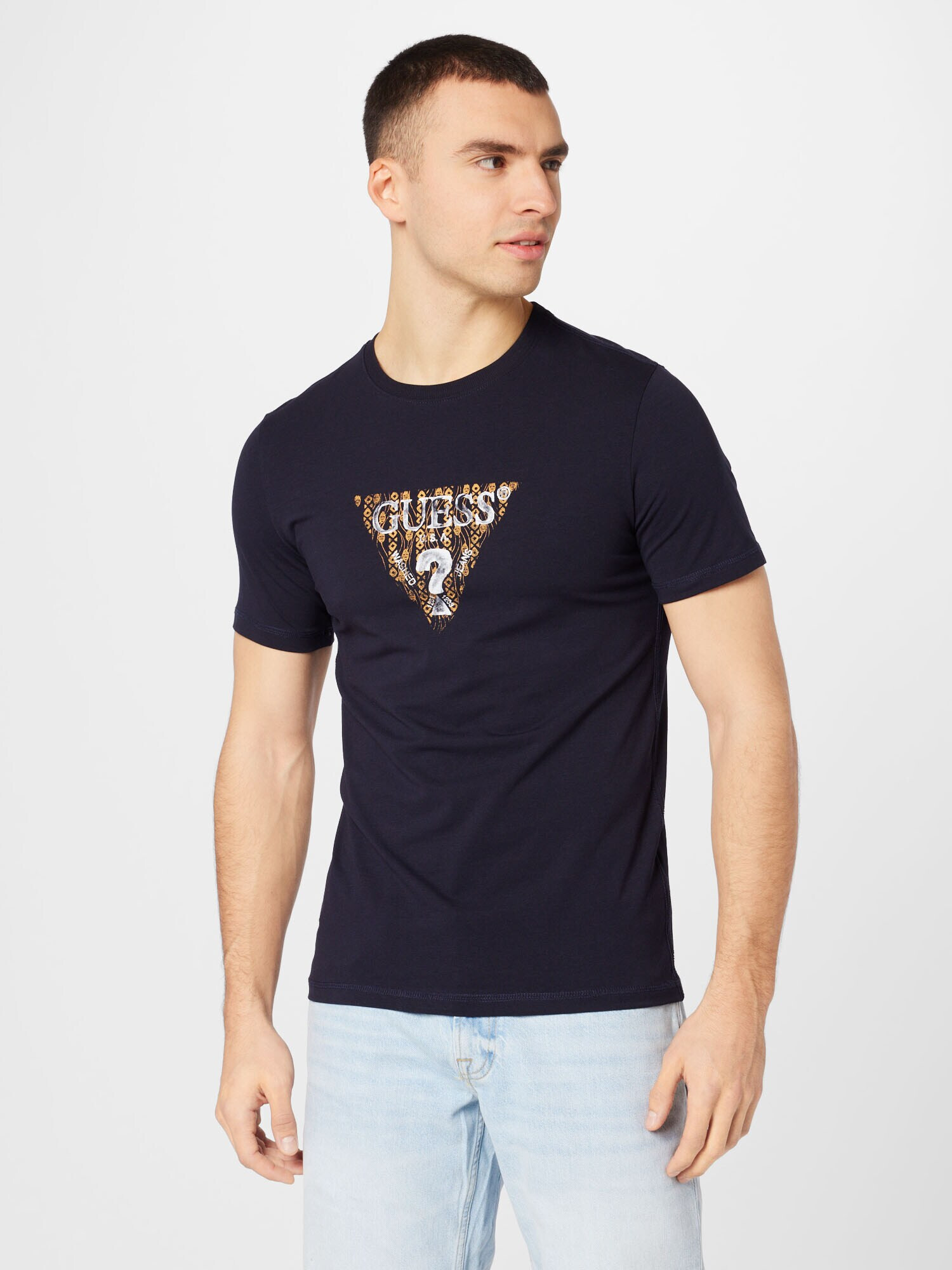 GUESS Tricou albastru închis / galben / alb - Pled.ro