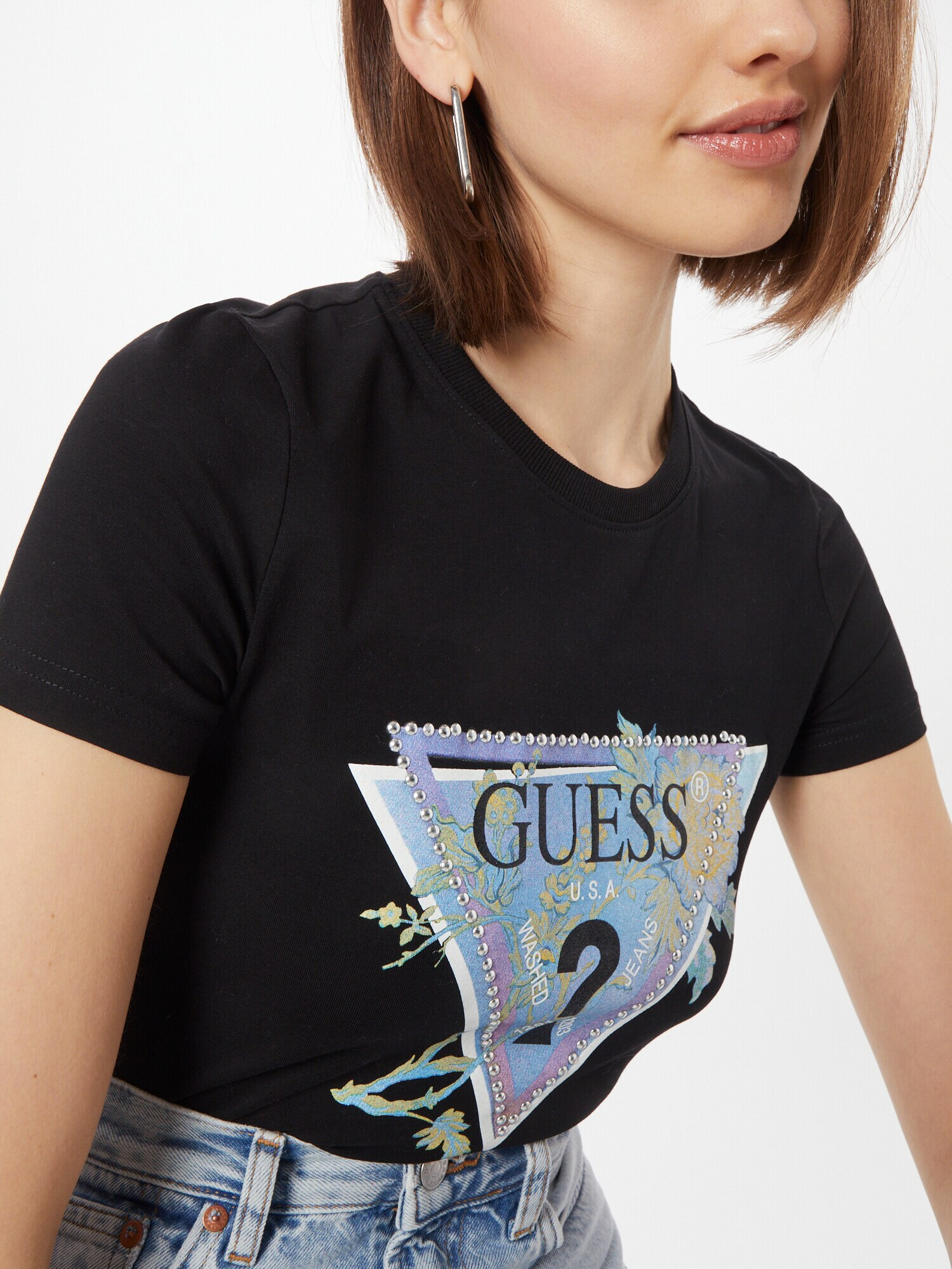 GUESS Tricou 'ALVA' albastru deschis / verde deschis / mov deschis / negru - Pled.ro