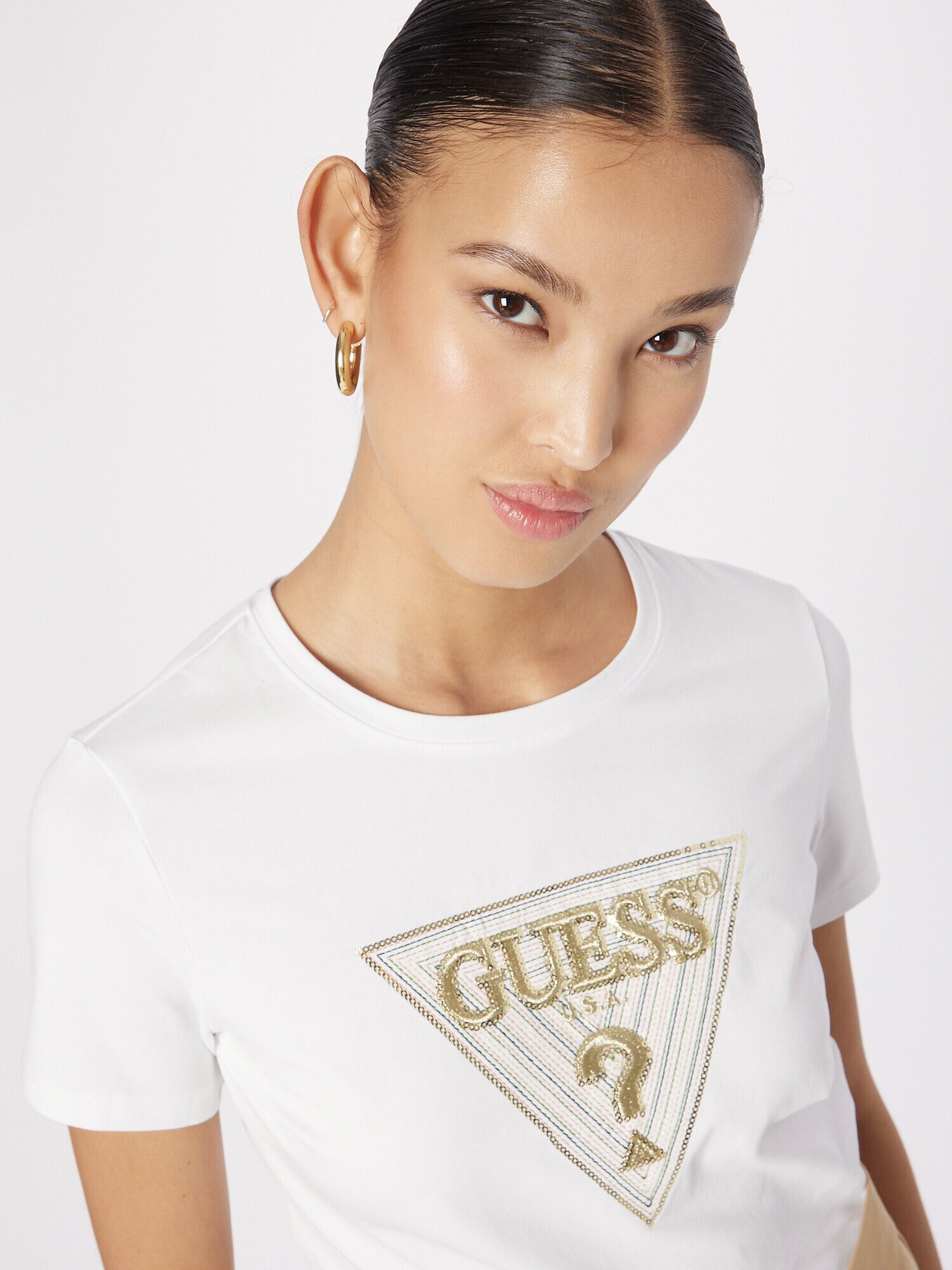 GUESS Tricou auriu / alb - Pled.ro