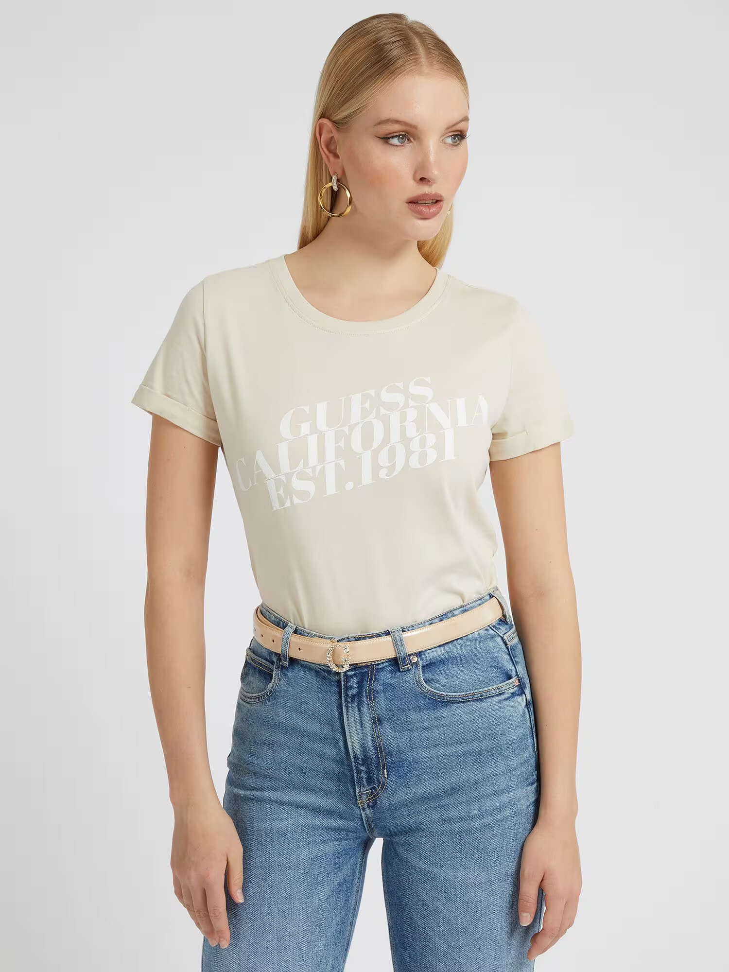 GUESS Tricou bej / alb - Pled.ro