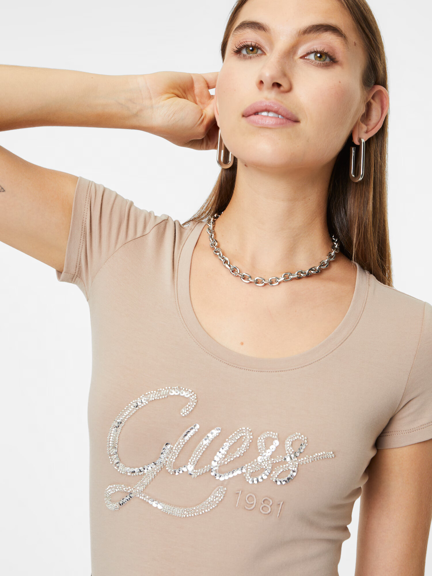 GUESS Tricou 'Bryanna' bej / argintiu - Pled.ro