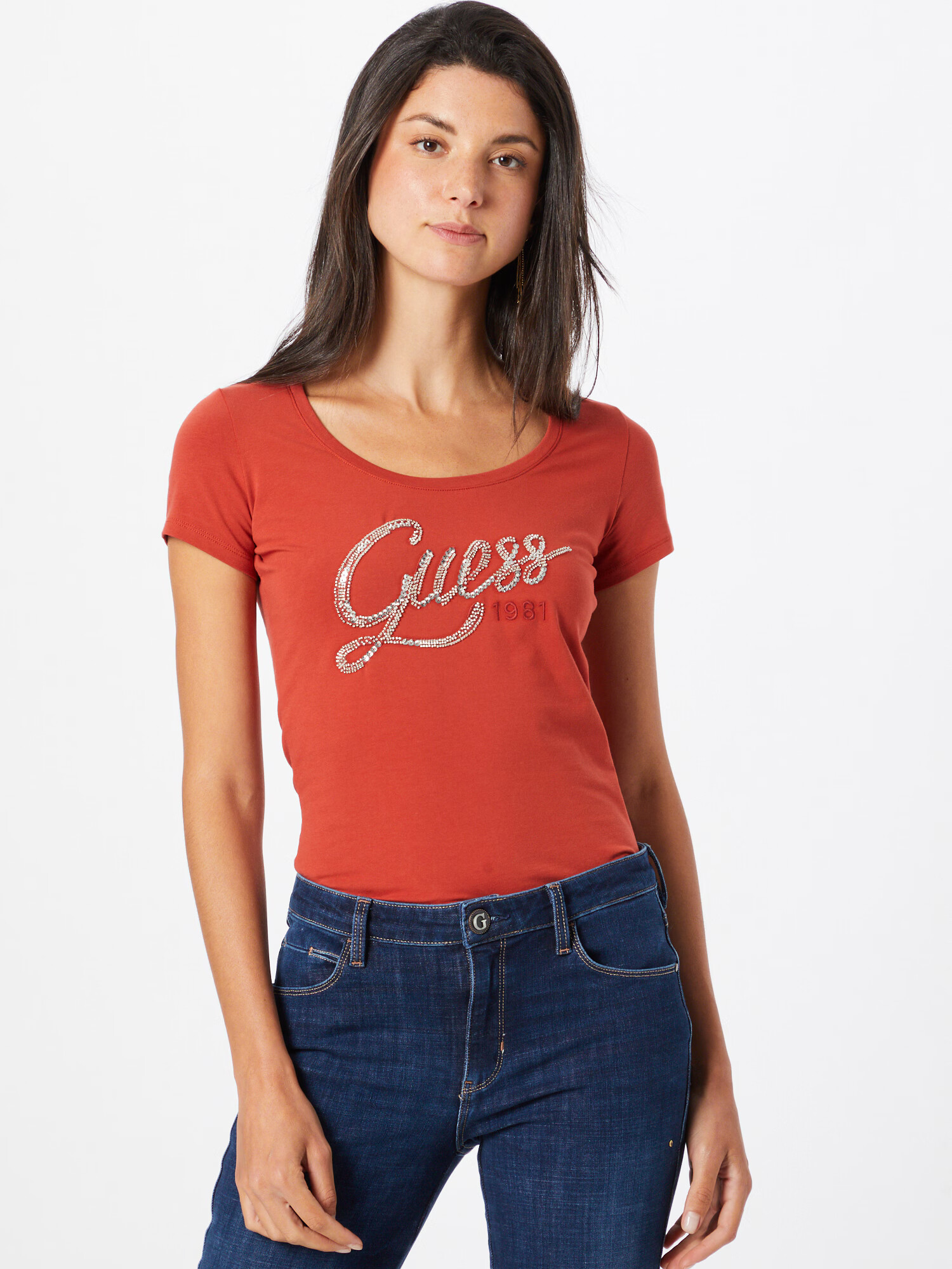 GUESS Tricou 'Bryanna' roșu ruginiu / argintiu - Pled.ro