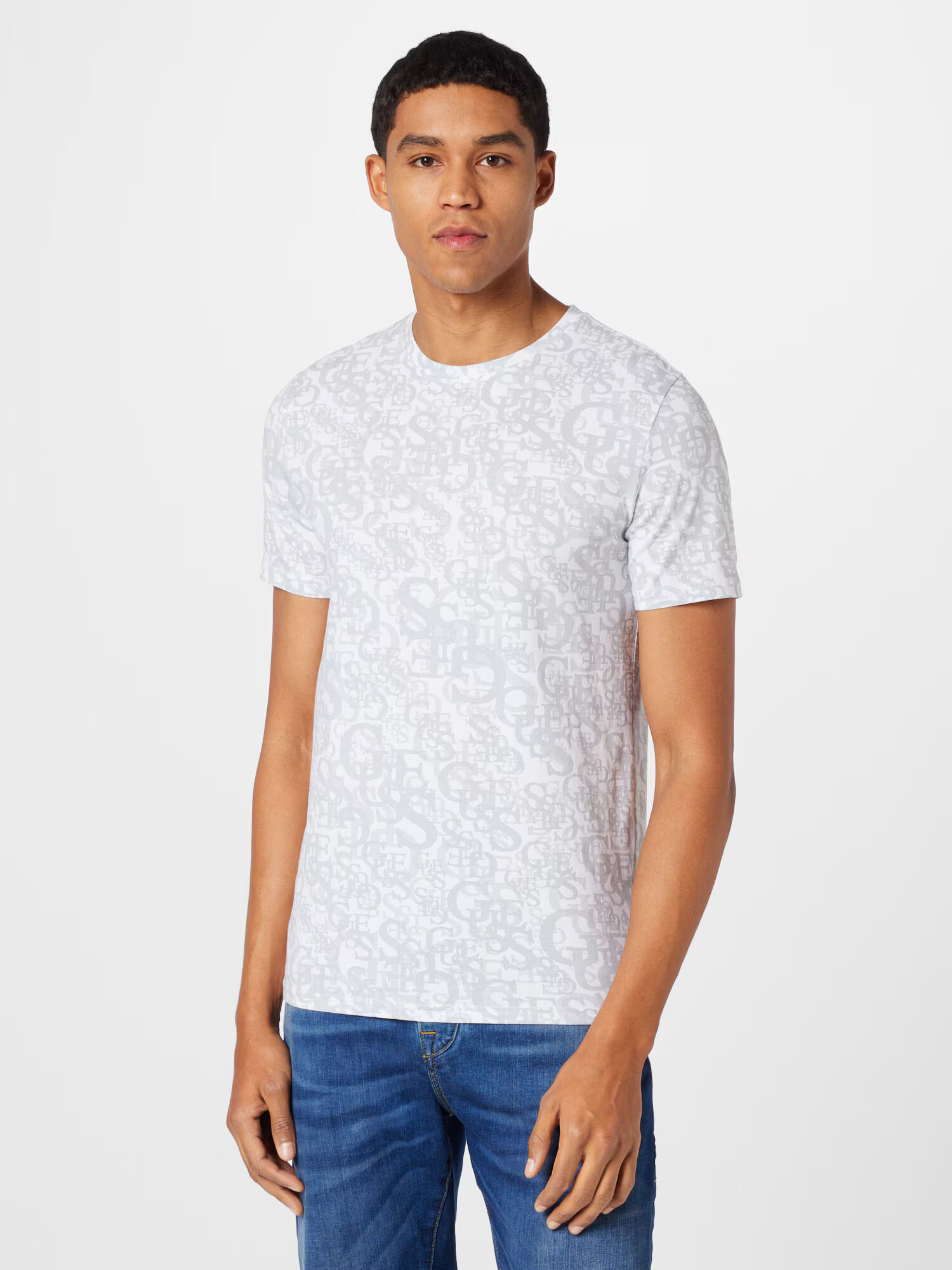 GUESS Tricou 'ELEAZAR' gri deschis / alb - Pled.ro