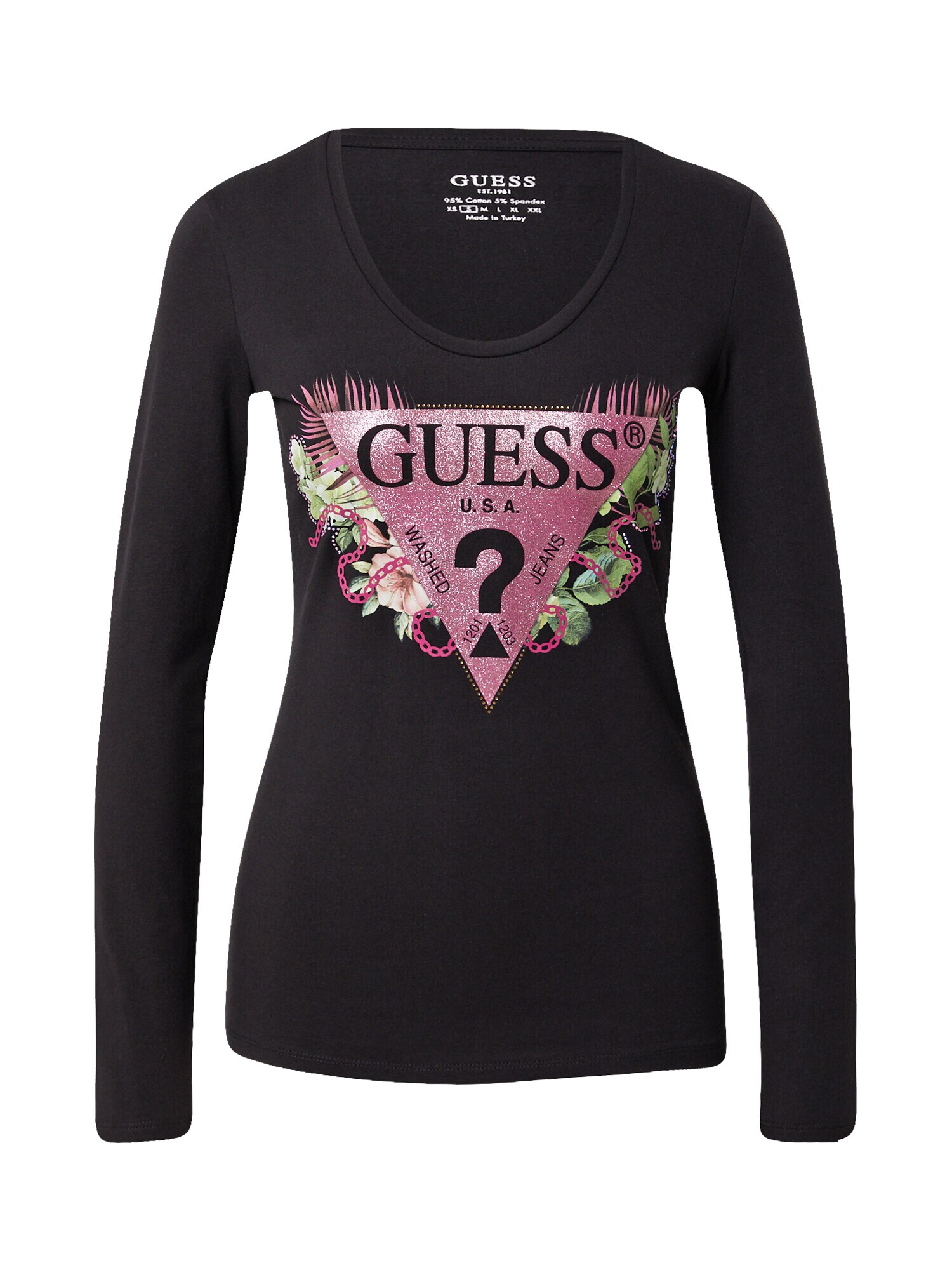 GUESS Tricou 'Floria' auriu - roz / verde / roz eozină / negru - Pled.ro