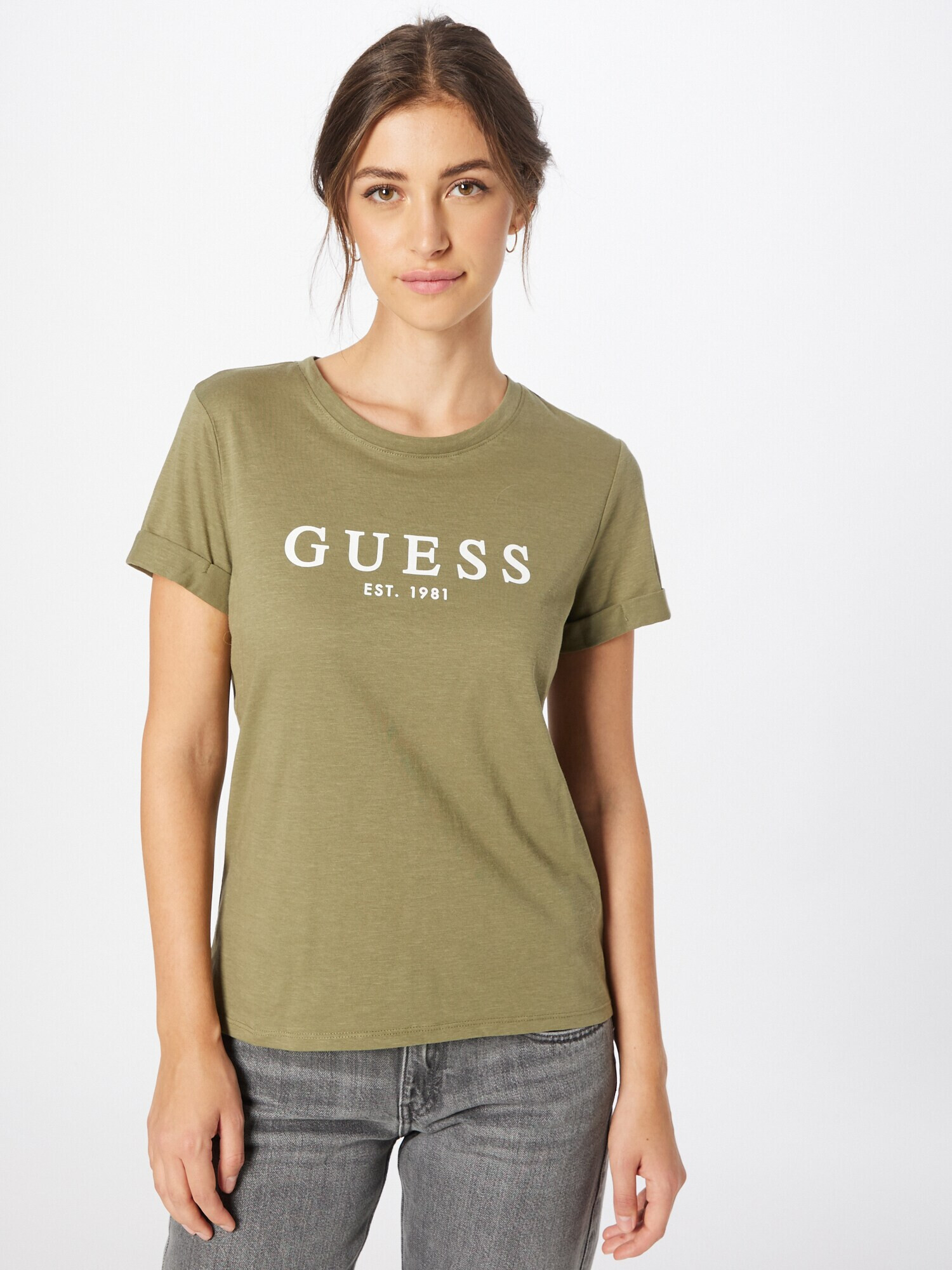 GUESS Tricou kaki / alb - Pled.ro