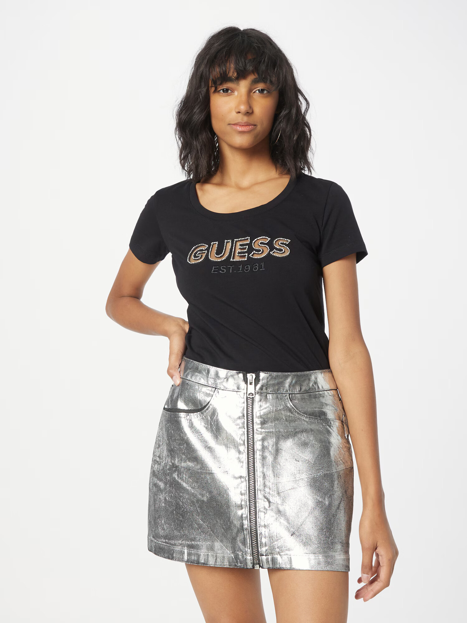 GUESS Tricou negru / alb - Pled.ro