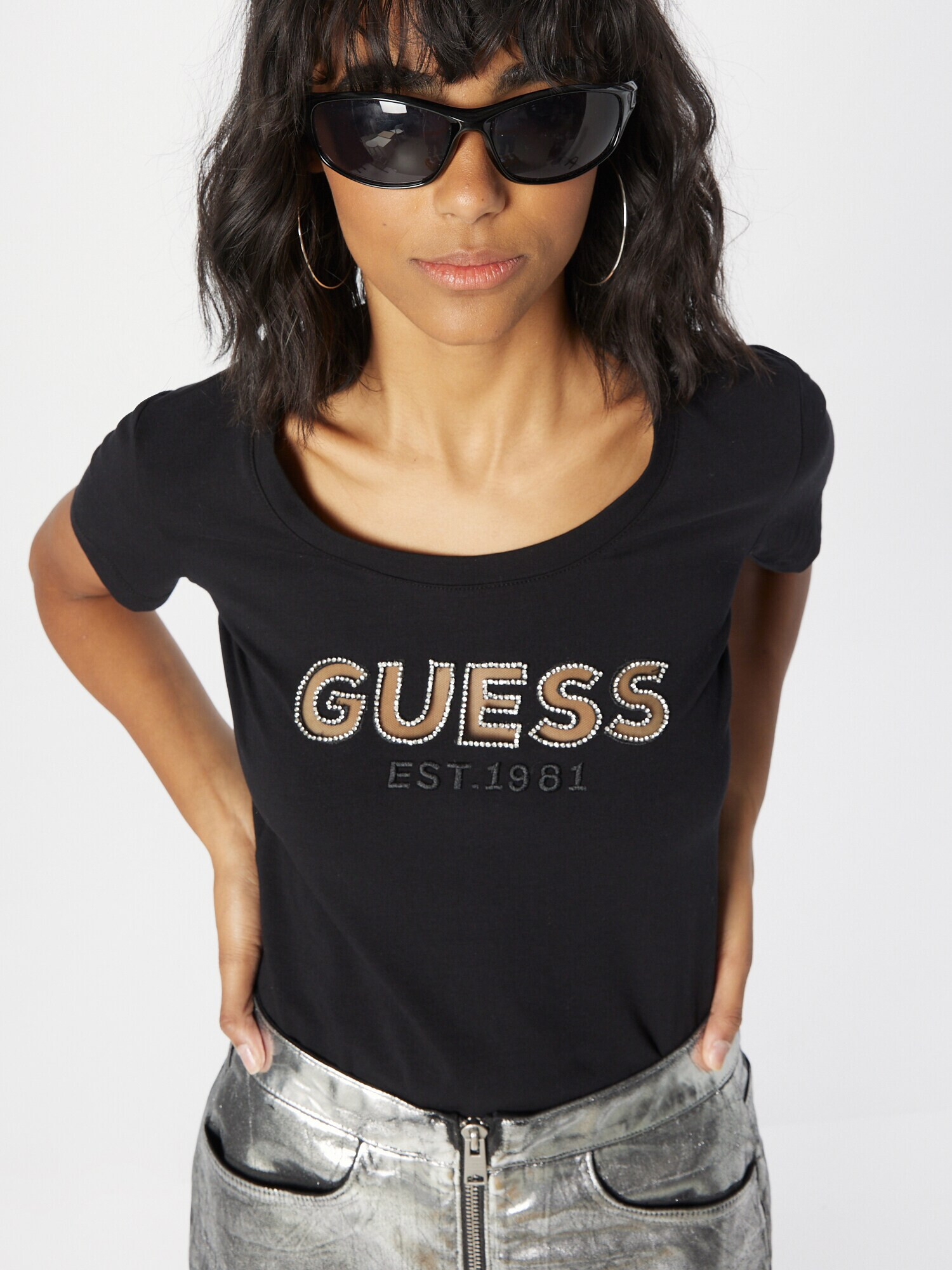 GUESS Tricou negru / alb - Pled.ro