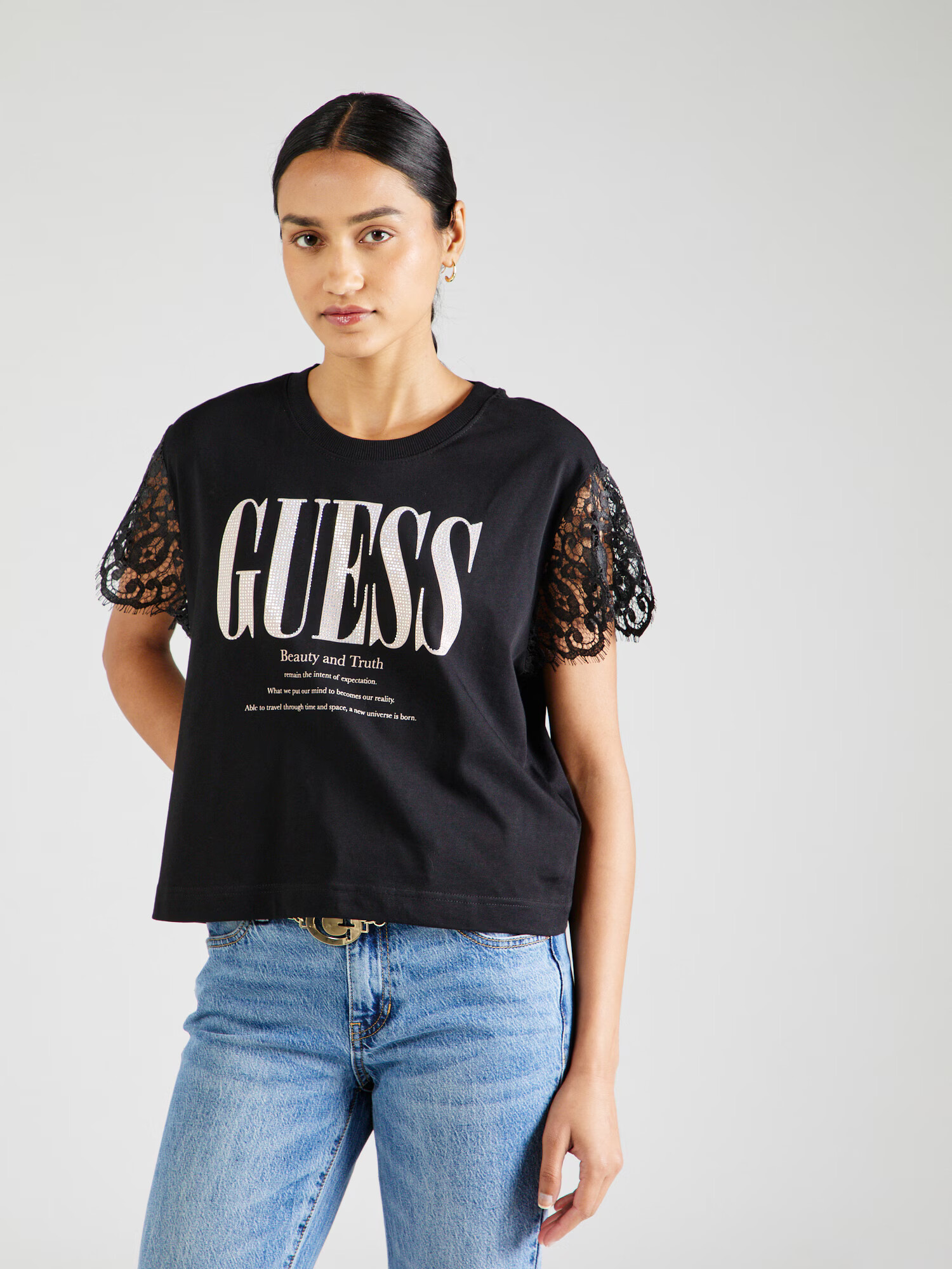 GUESS Tricou negru / alb - Pled.ro