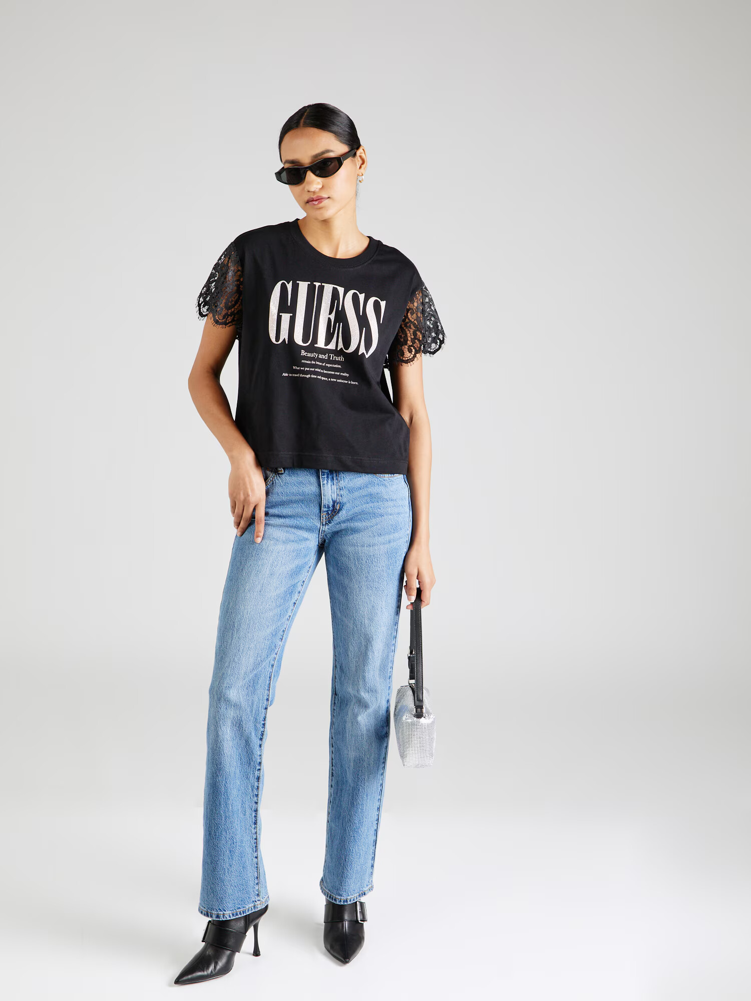 GUESS Tricou negru / alb - Pled.ro