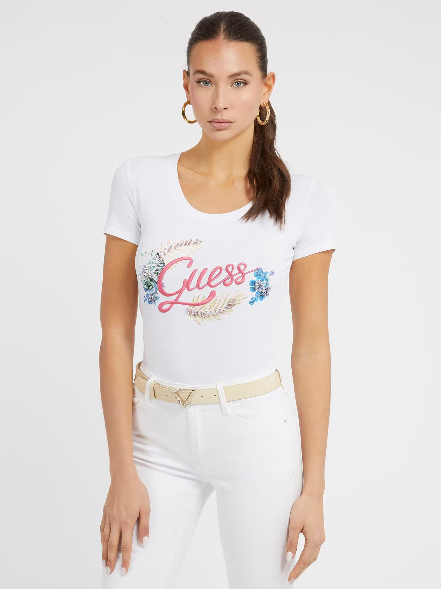 GUESS Tricou roz / alb - Pled.ro