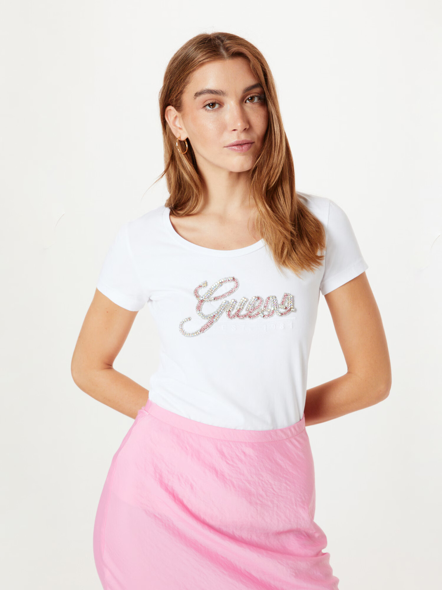 GUESS Tricou roz / argintiu / alb - Pled.ro