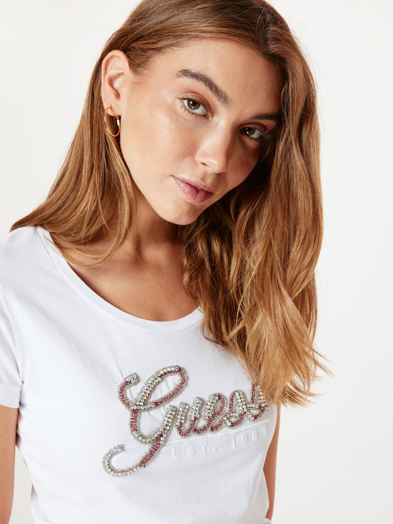 GUESS Tricou roz / argintiu / alb - Pled.ro