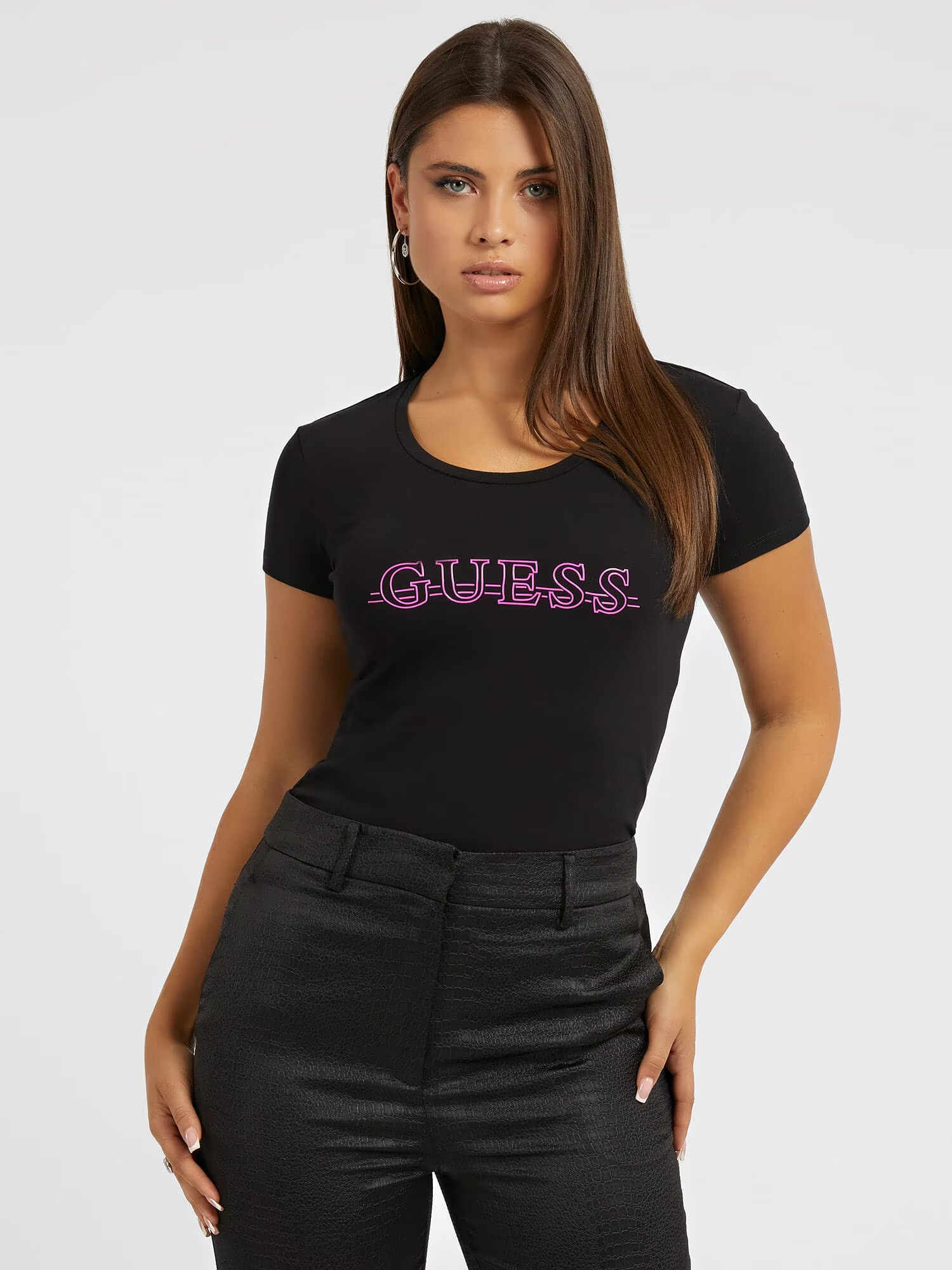 GUESS Tricou roz neon / negru - Pled.ro