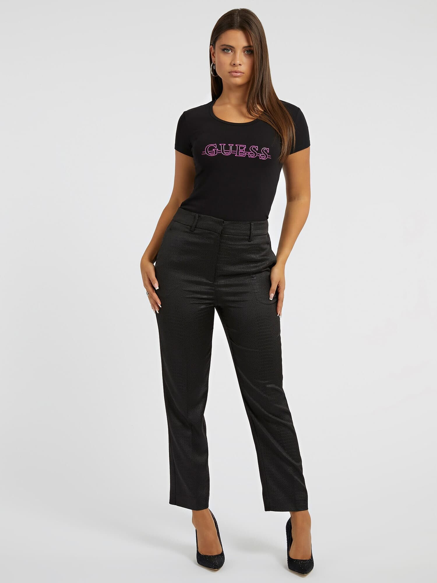 GUESS Tricou roz neon / negru - Pled.ro