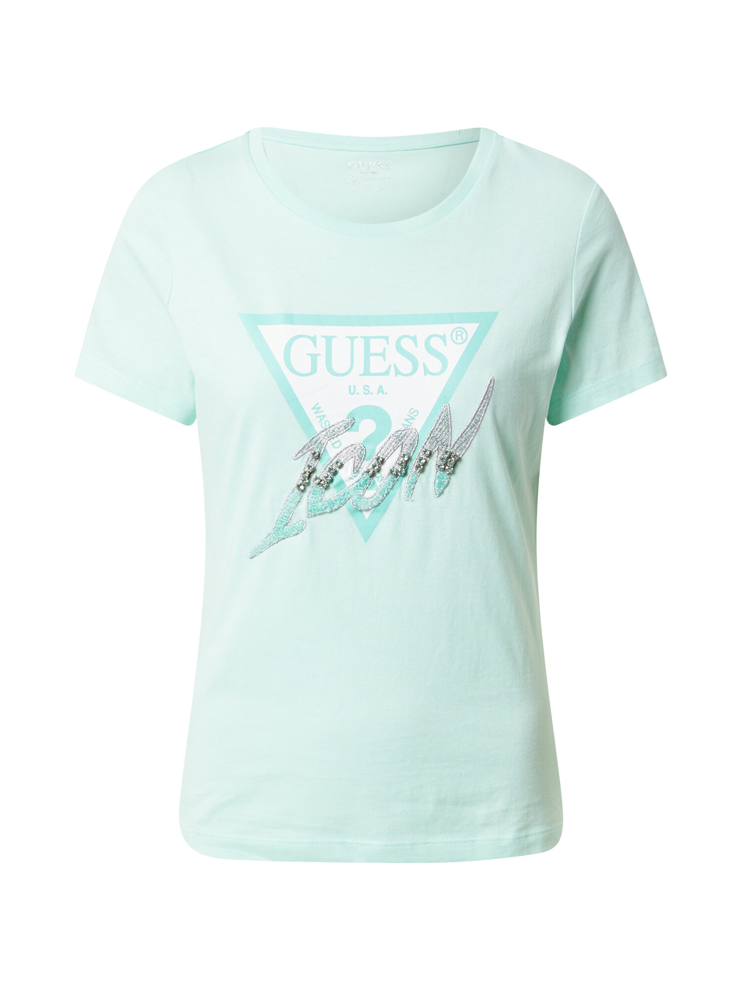 GUESS Tricou turcoaz / argintiu / alb - Pled.ro