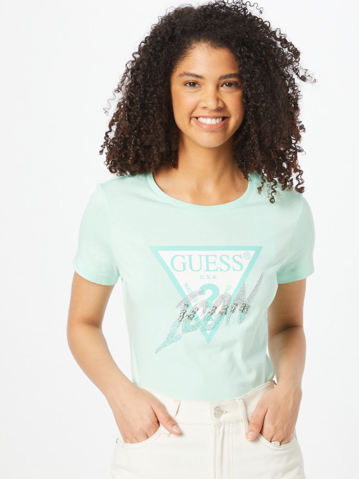 GUESS Tricou turcoaz / argintiu / alb - Pled.ro