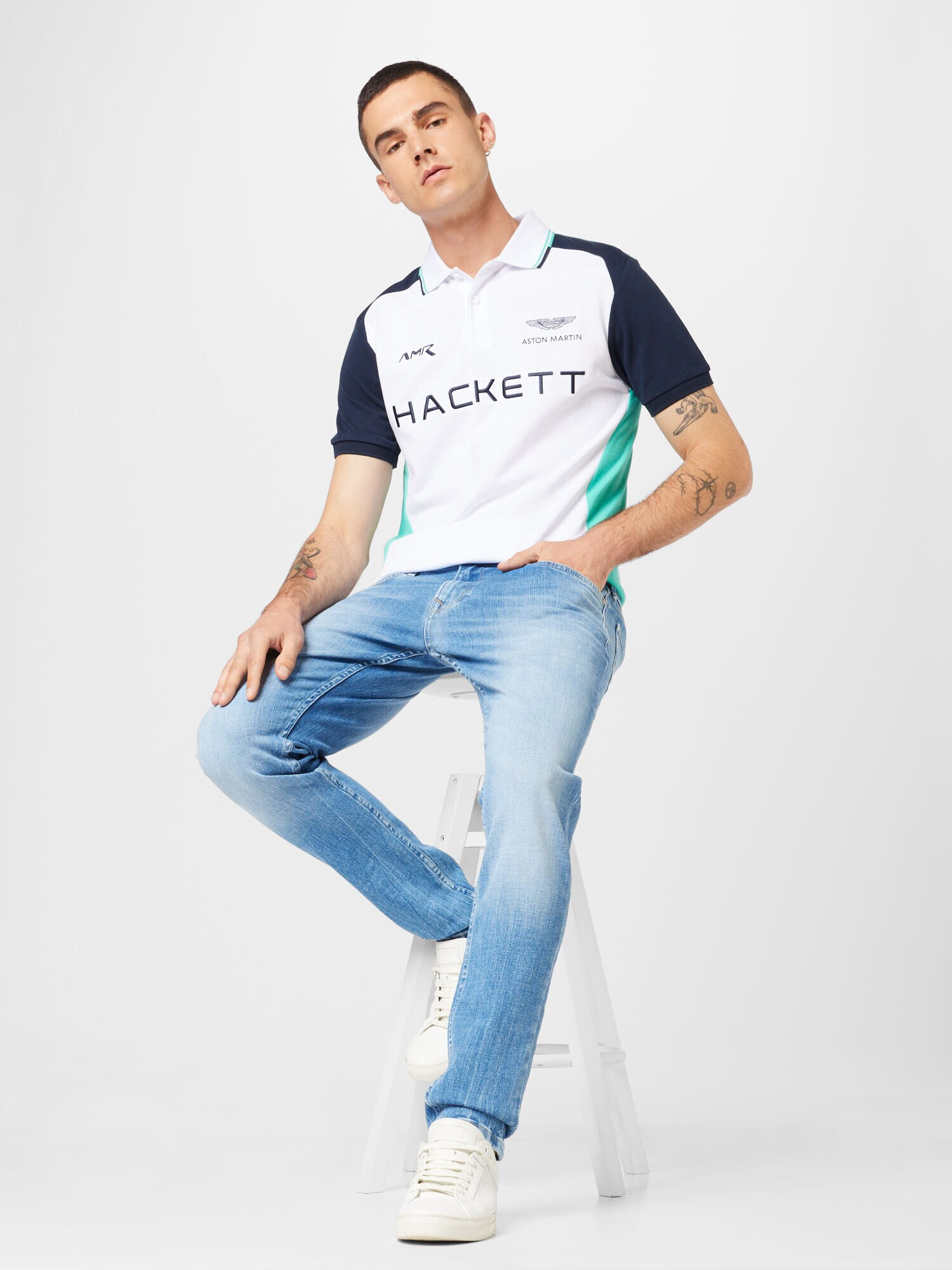 Hackett London Tricou bleumarin / albastru aqua / alb - Pled.ro