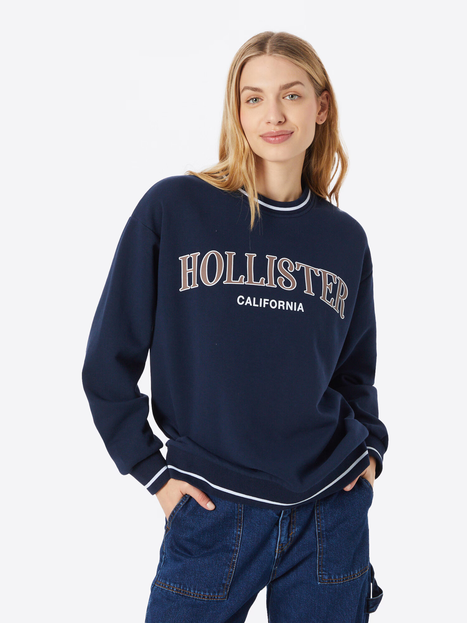 HOLLISTER Bluză de molton albastru închis / grej / alb - Pled.ro