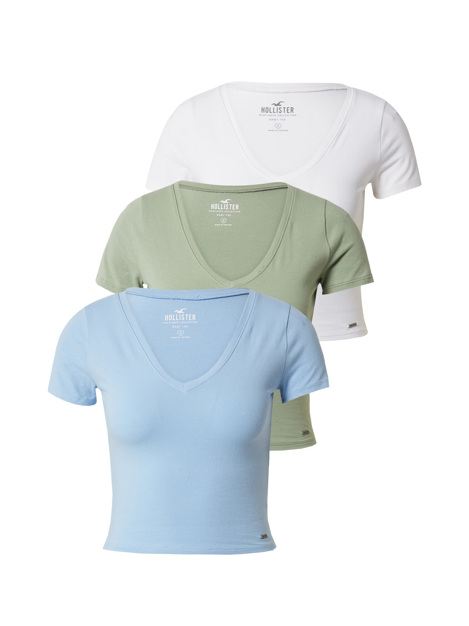 HOLLISTER Tricou albastru deschis / kaki / alb - Pled.ro