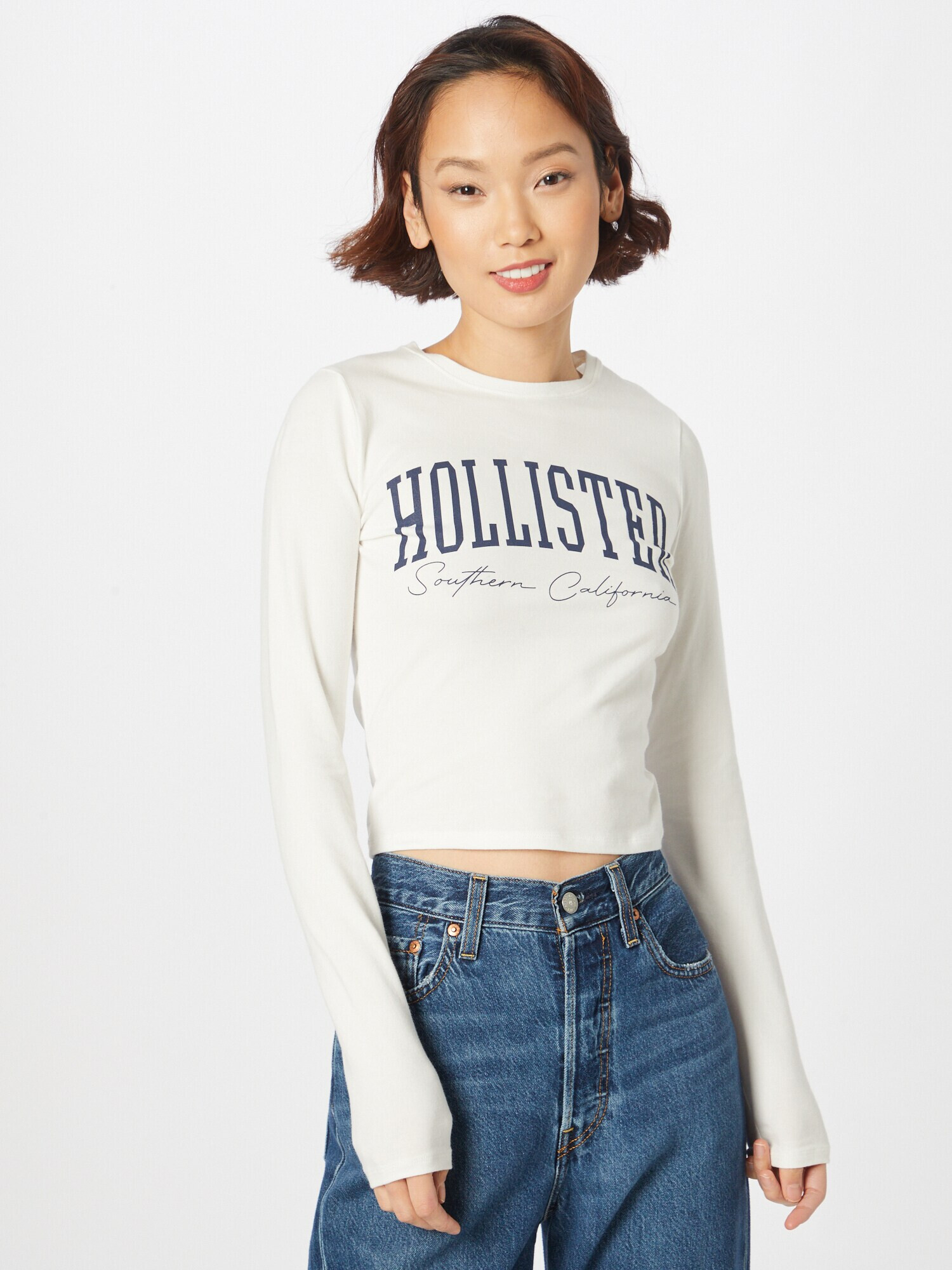 HOLLISTER Tricou albastru marin / alb - Pled.ro