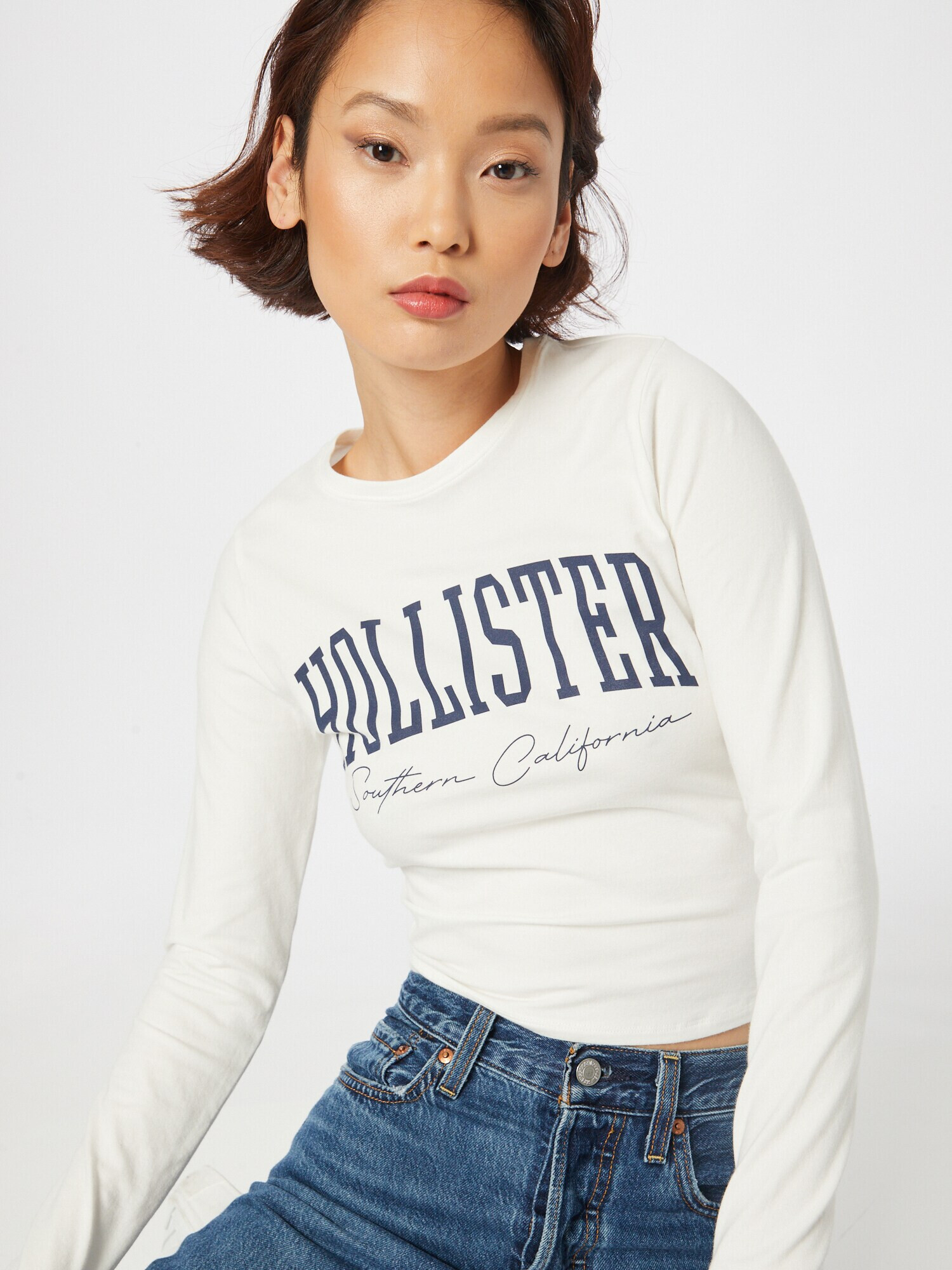 HOLLISTER Tricou albastru marin / alb - Pled.ro