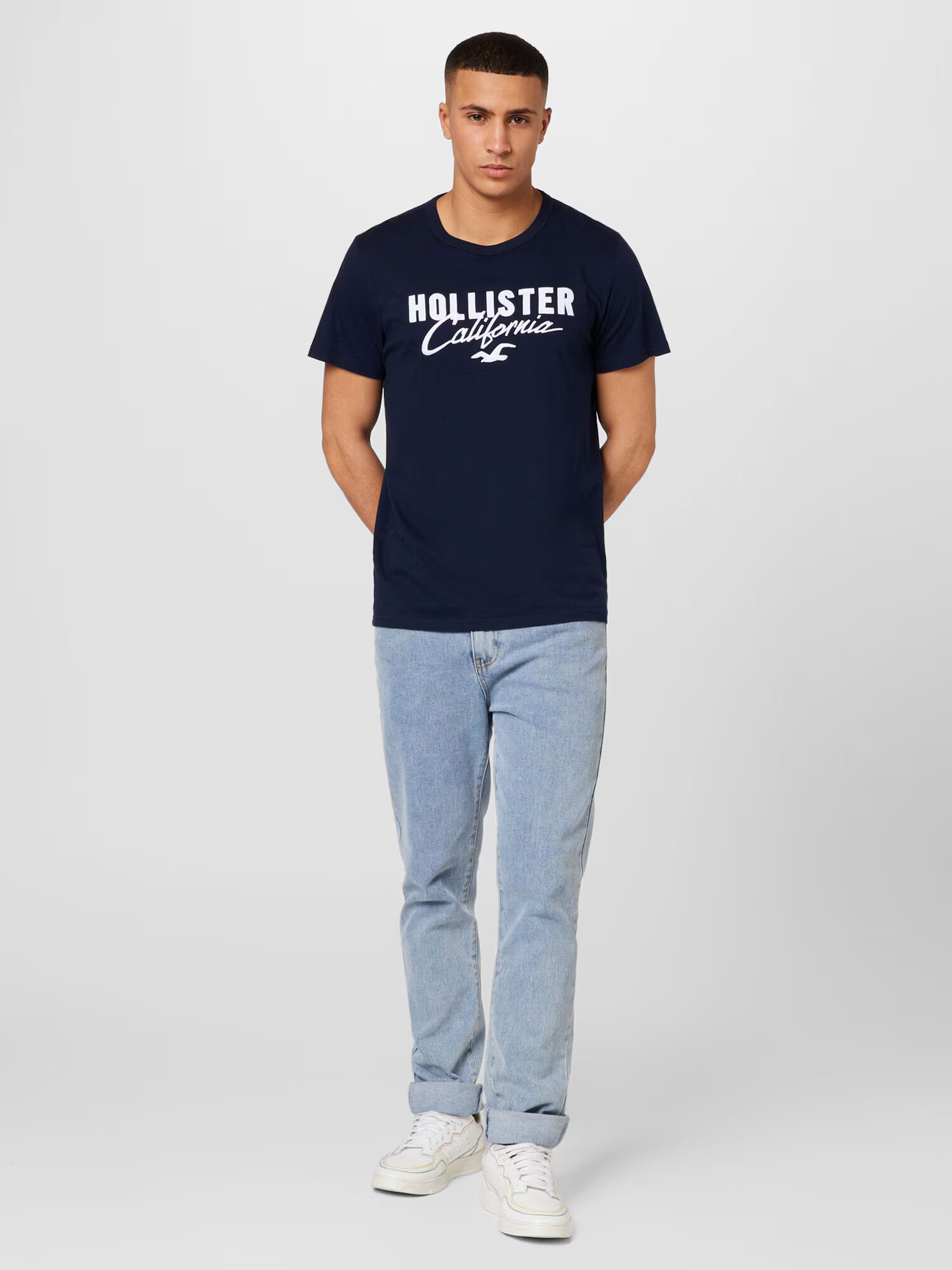 HOLLISTER Tricou albastru marin / alb - Pled.ro