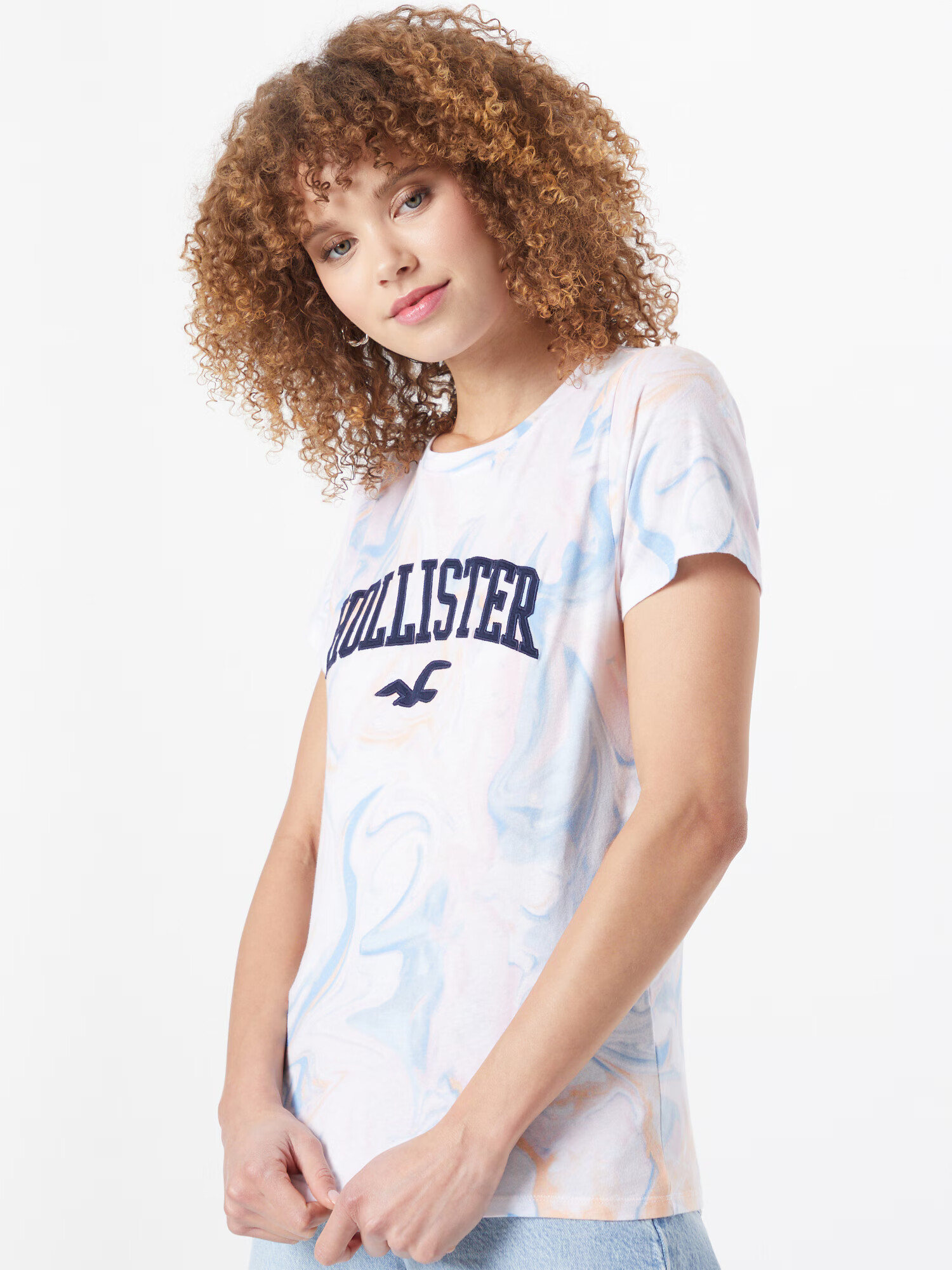 HOLLISTER Tricou albastru / portocaliu piersică / alb - Pled.ro