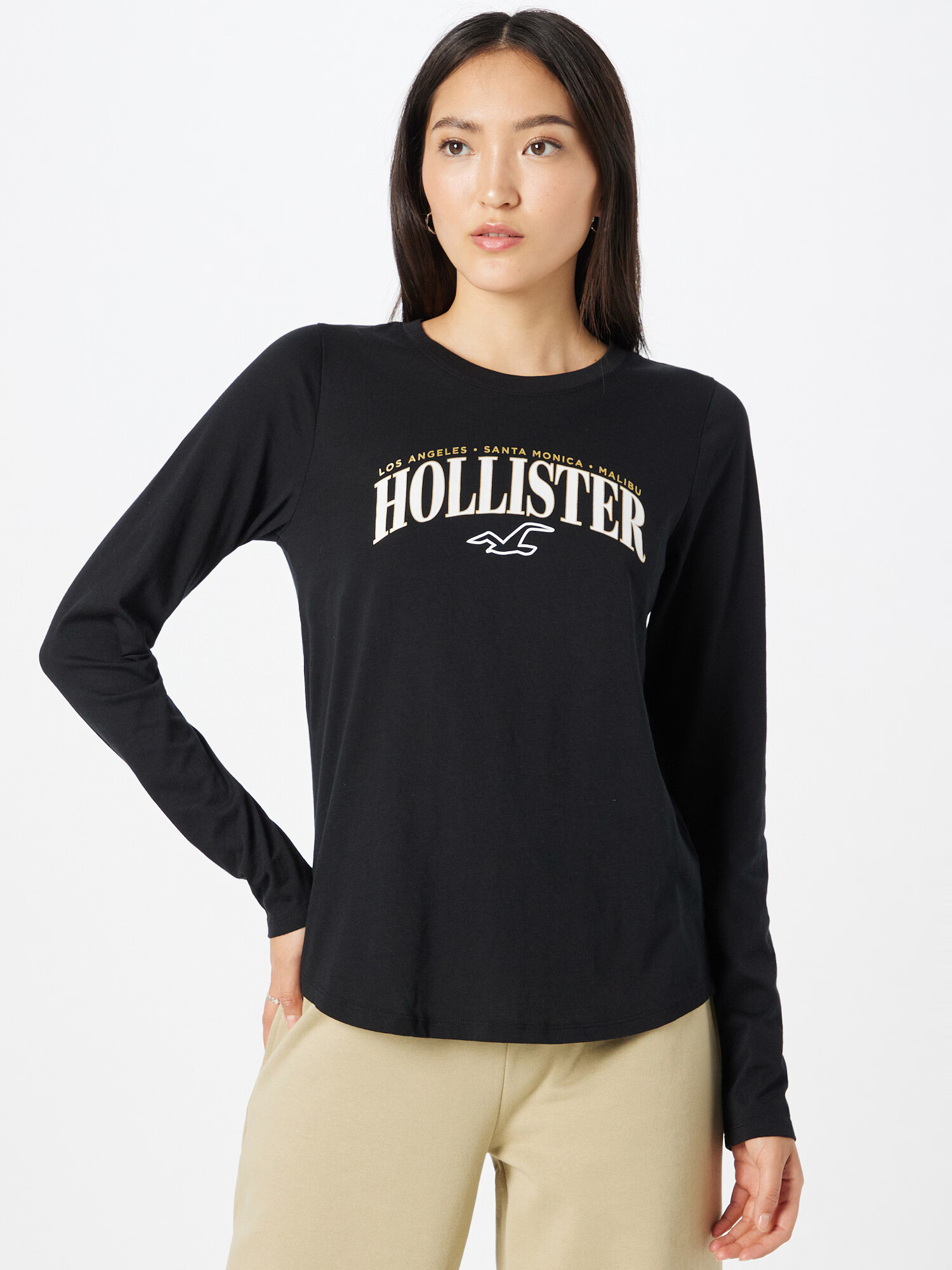 HOLLISTER Tricou auriu / negru / alb - Pled.ro