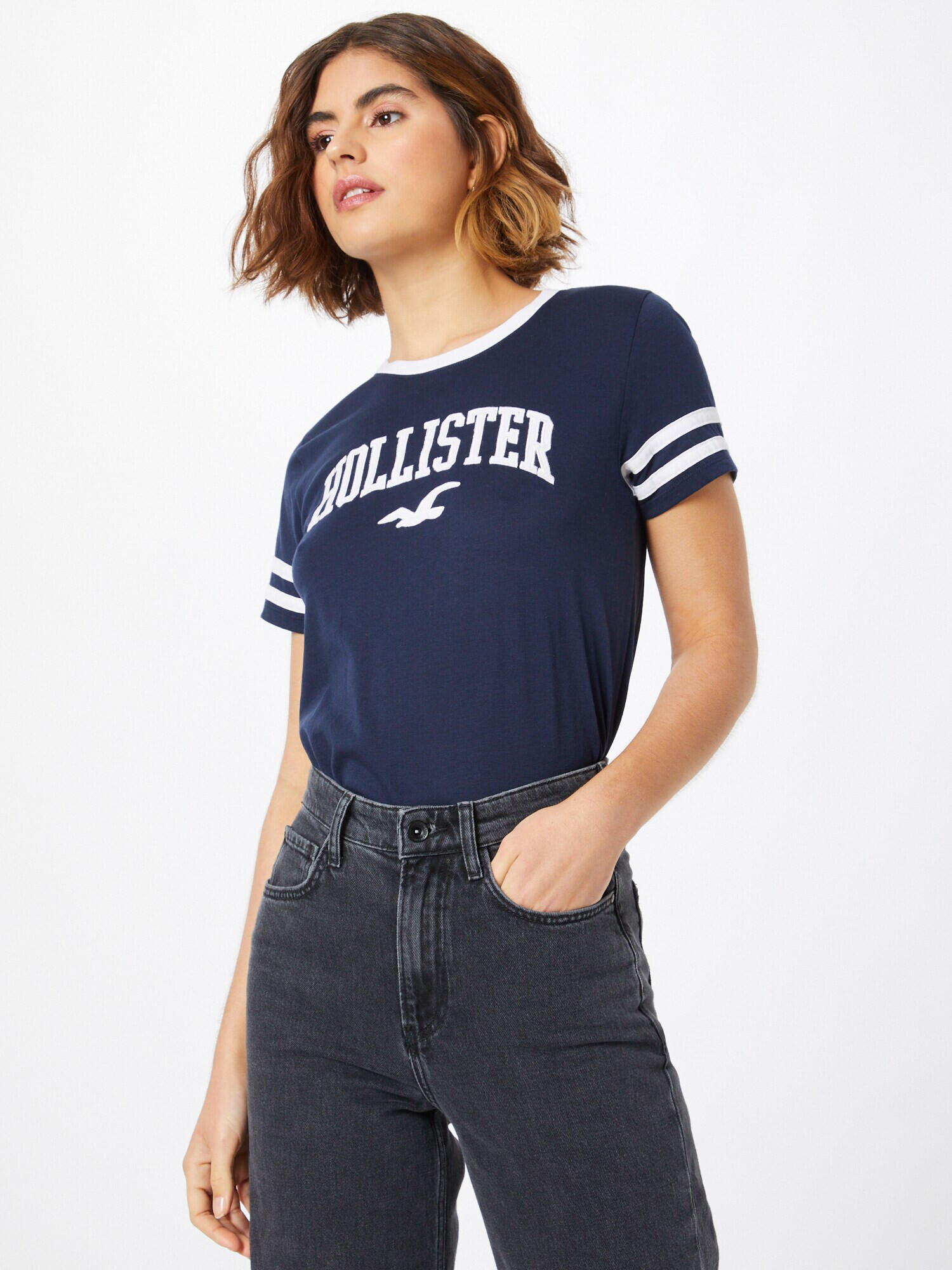 HOLLISTER Tricou bleumarin / alb - Pled.ro