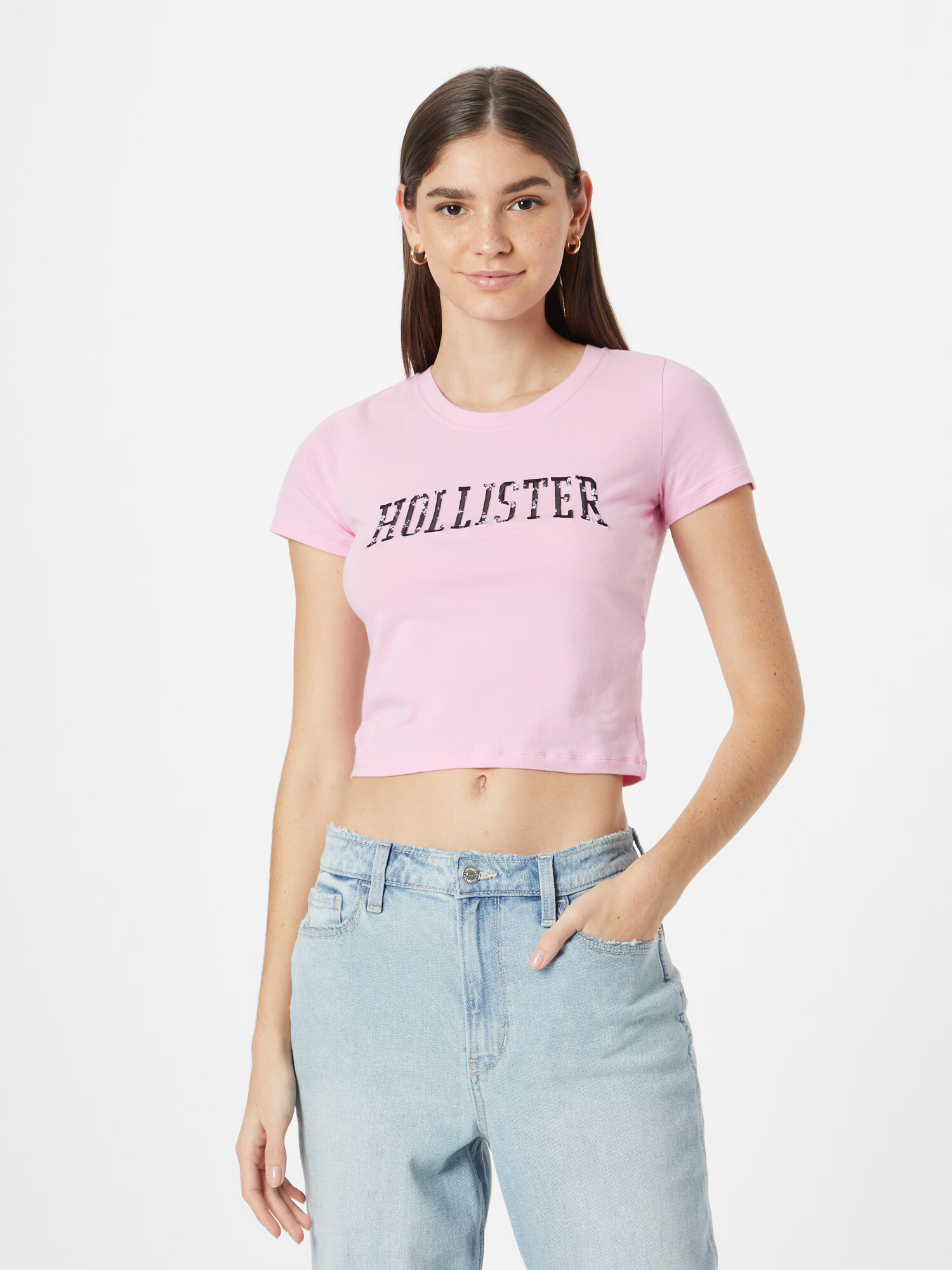 HOLLISTER Tricou 'CHERRY BLOSSOM' roz / negru / alb murdar - Pled.ro