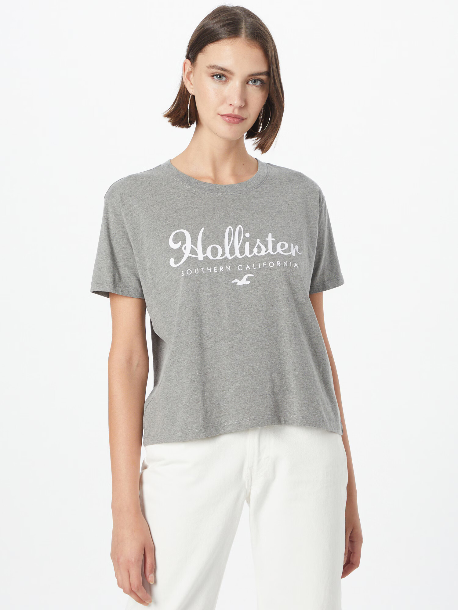 HOLLISTER Tricou gri / alb - Pled.ro