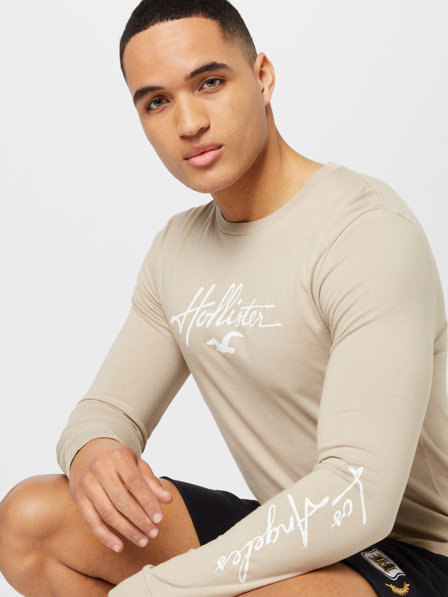 HOLLISTER Tricou maro deschis / alb - Pled.ro