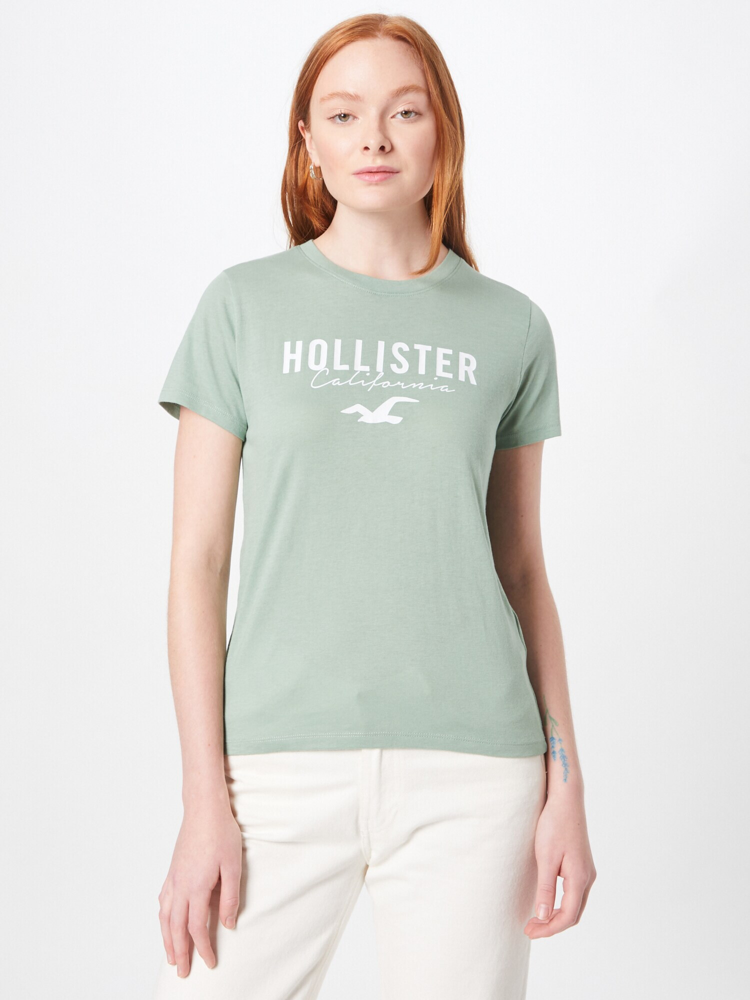 HOLLISTER Tricou verde deschis / alb - Pled.ro