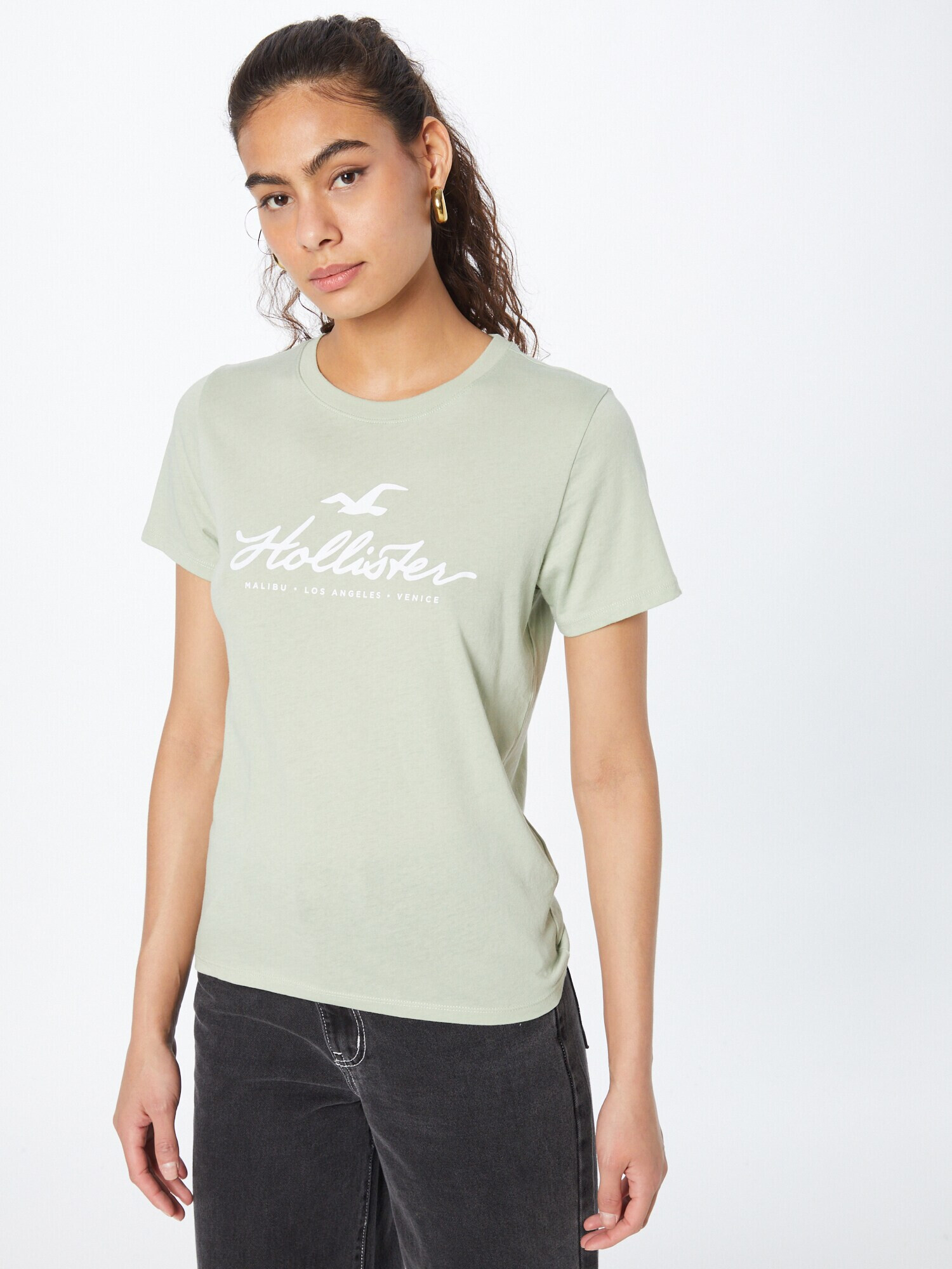 HOLLISTER Tricou verde deschis / alb - Pled.ro